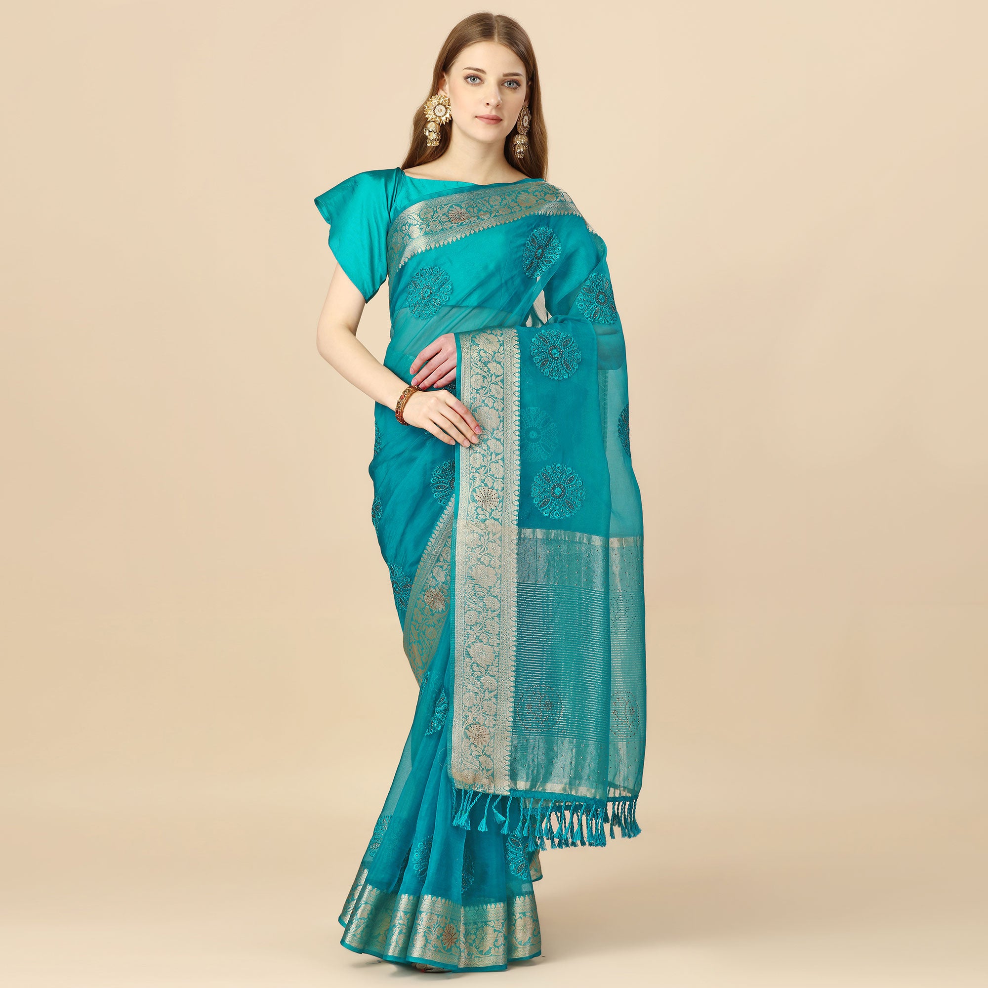 Rama Blue Floral Embroidery With Swarovski Work Organza Saree