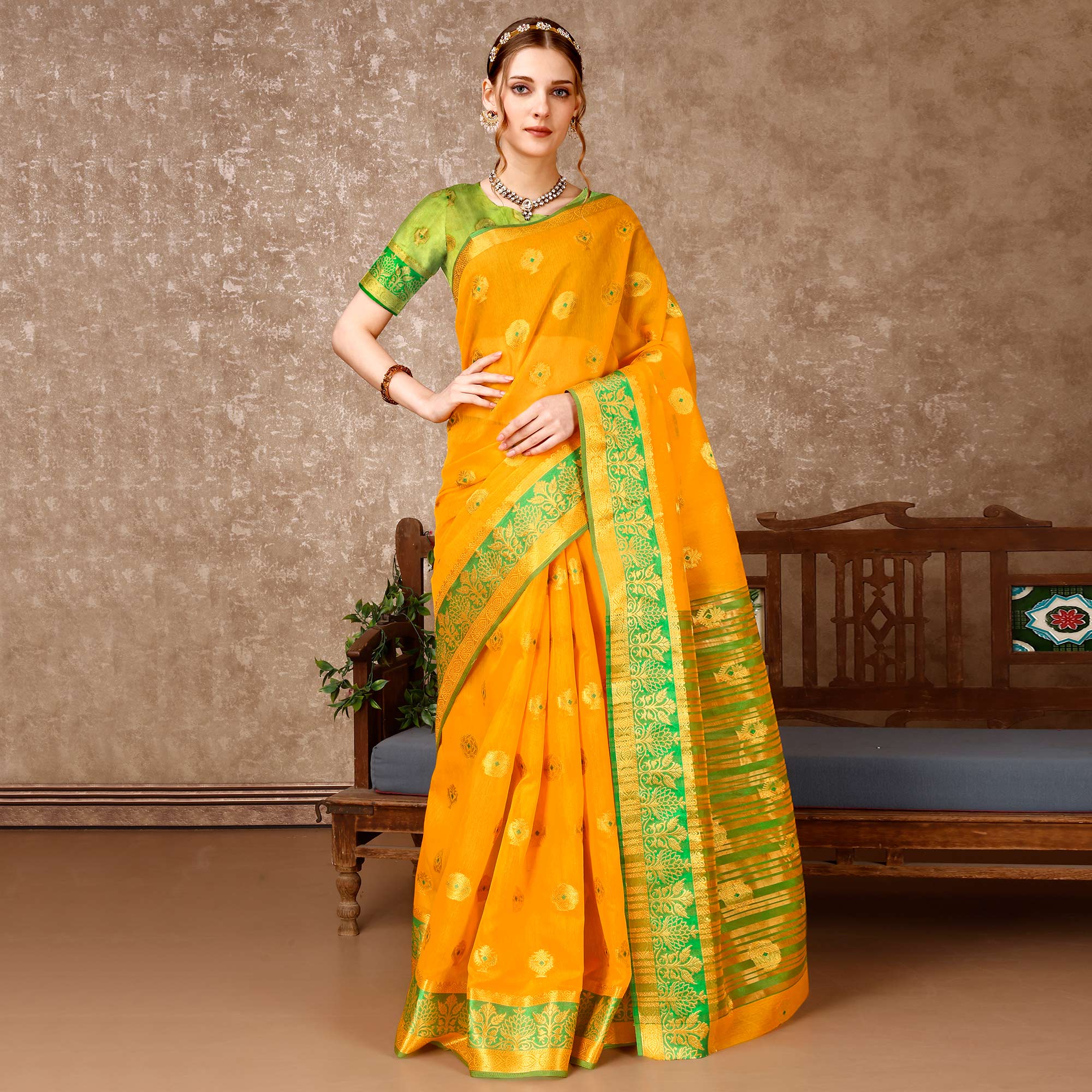 Yellow Floral Woven Cotton Silk Saree