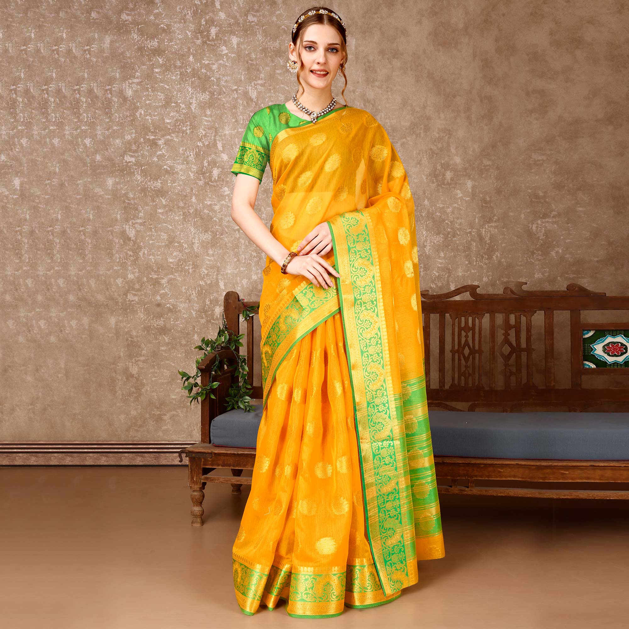 Yellow Floral Woven Cotton Silk Saree