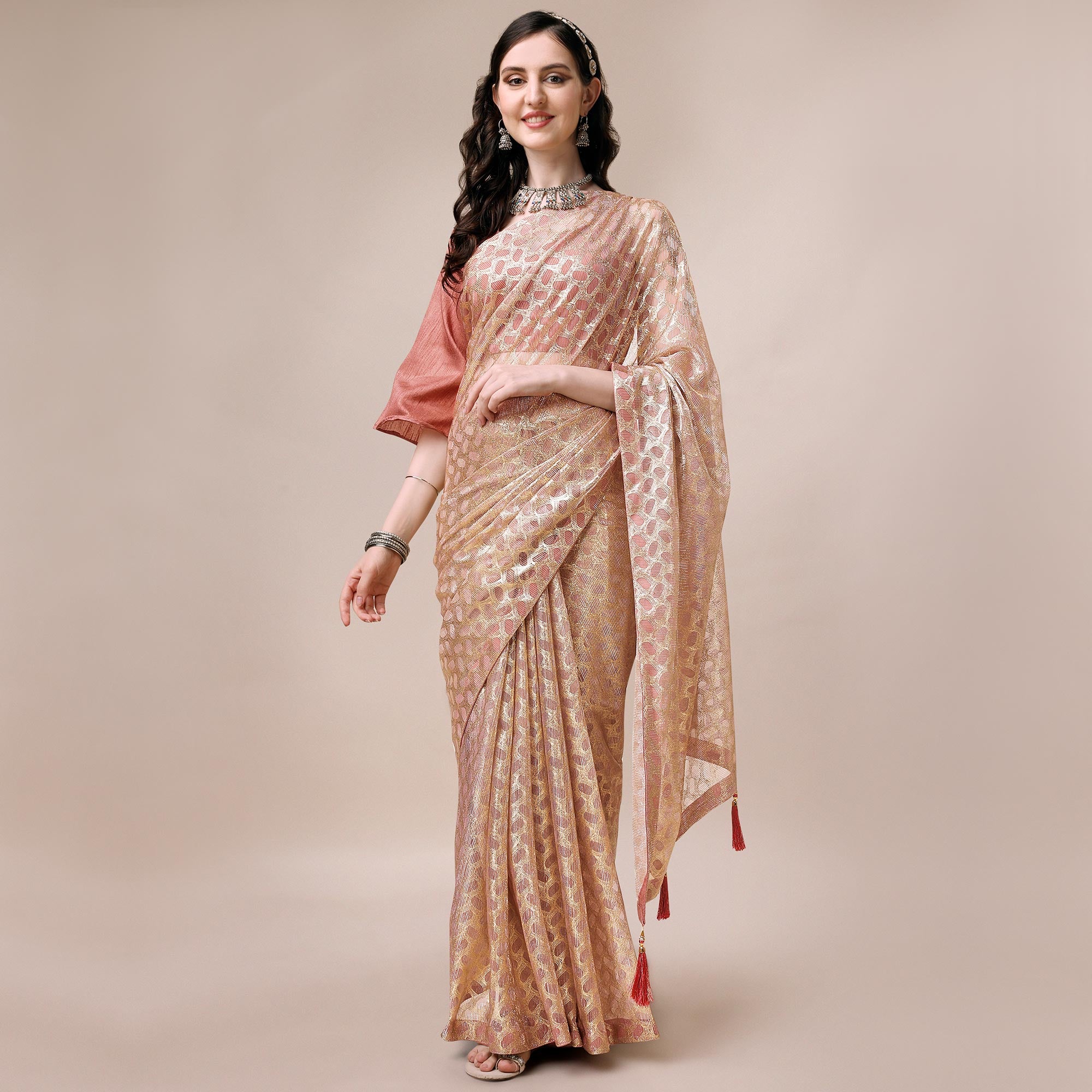 Onion Pink Foil Printed Rayon Saree