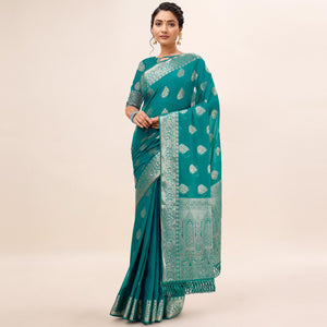 Turquoise Blue Woven Chiffon Saree With Tassels