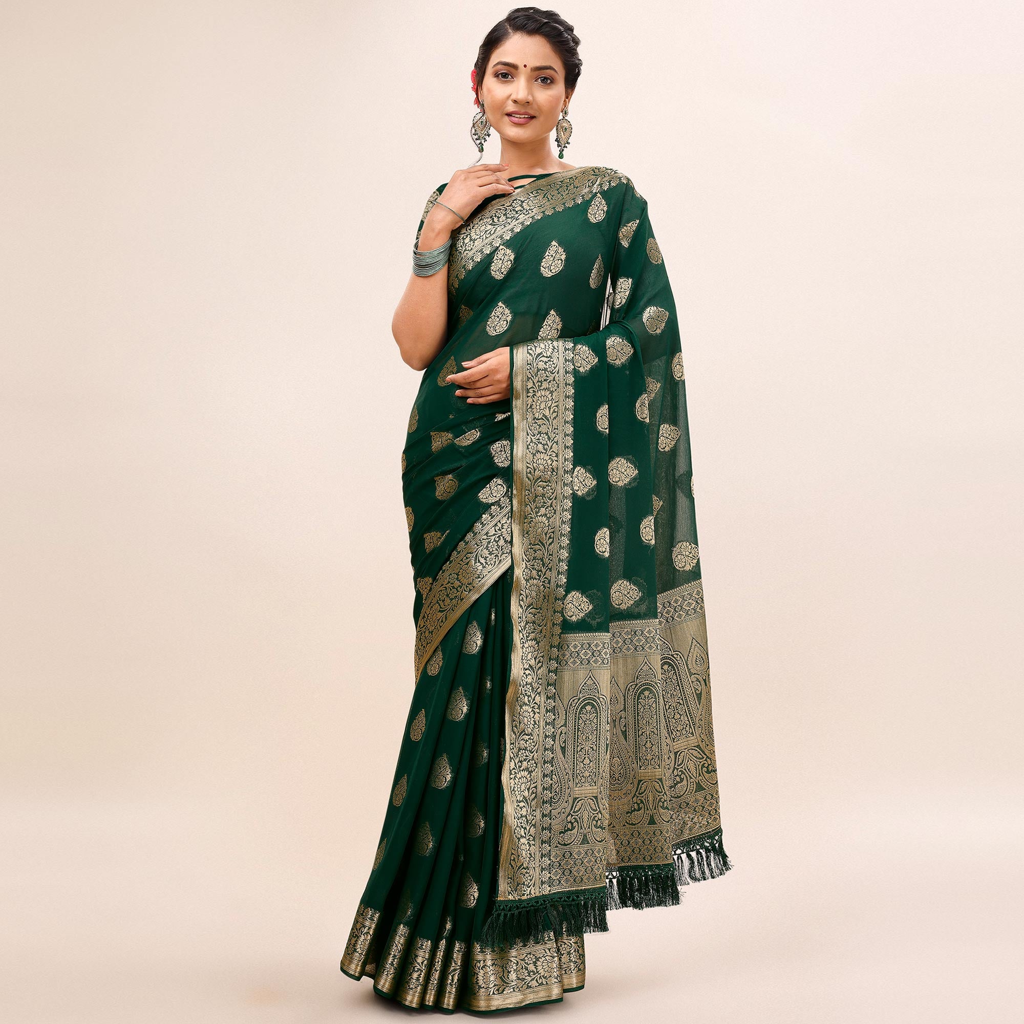 Dark Green Woven Chiffon Saree With Tassels