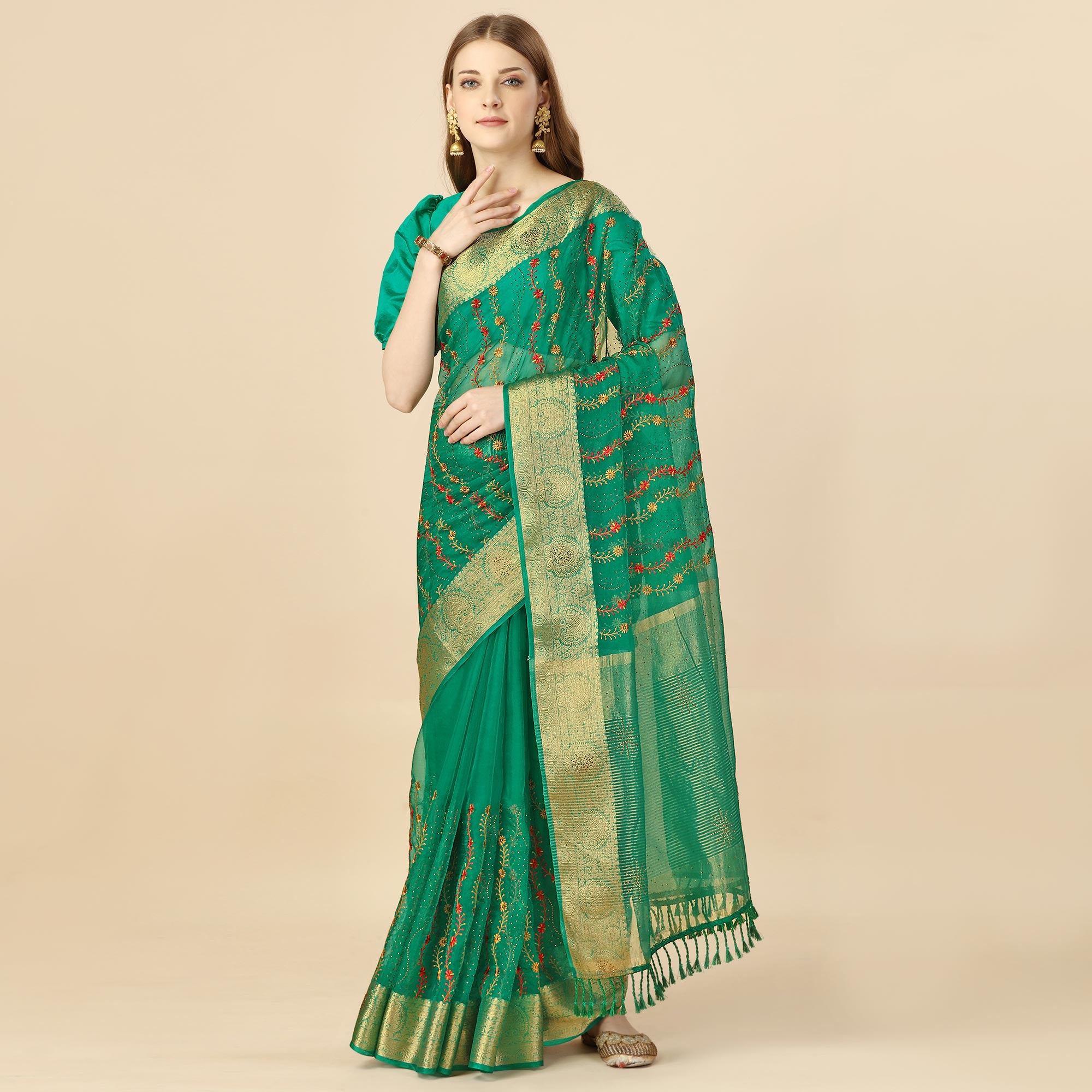 Green Floral Embroidery With Swarovski Work Organza Saree