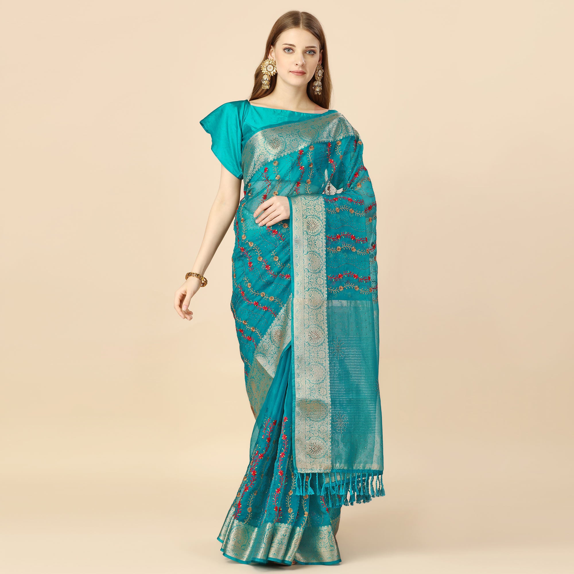 Rama Blue Floral Embroidery With Swarovski Work Organza Saree