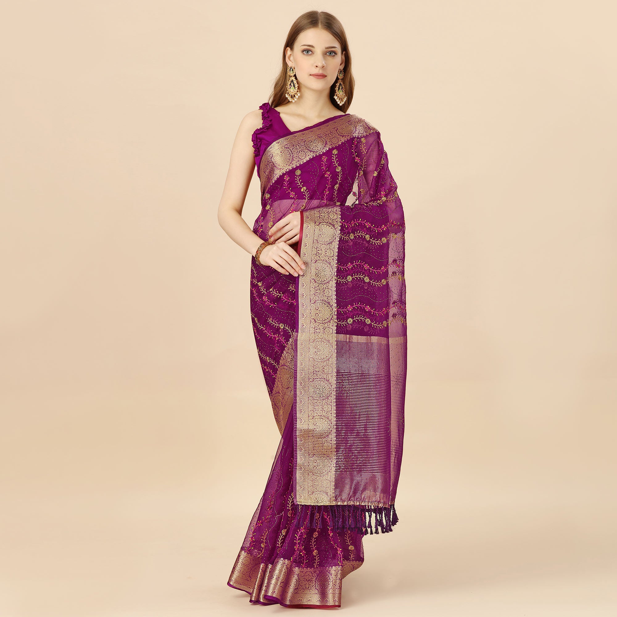 Purple Floral Embroidery With Swarovski Work Organza Saree