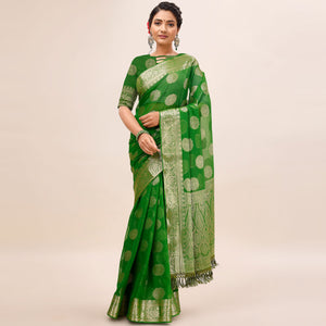 Green Woven Chiffon Saree With Tassels