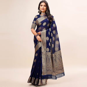 Navy Blue Woven Chiffon Saree With Tassels