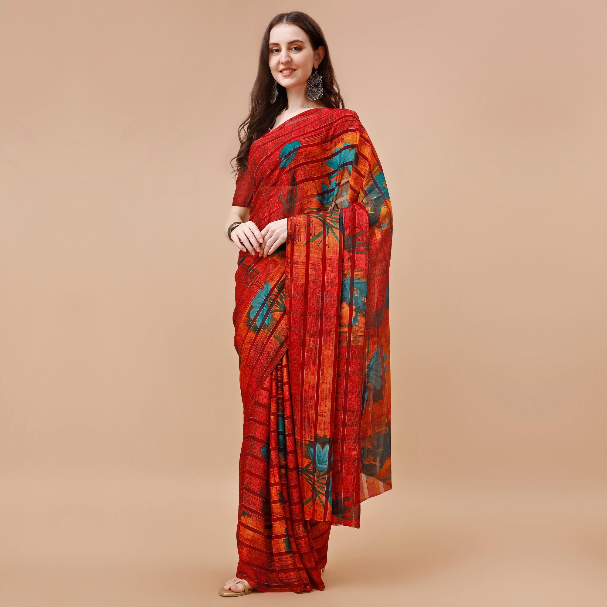 Red Floral Printed Georgette Saree