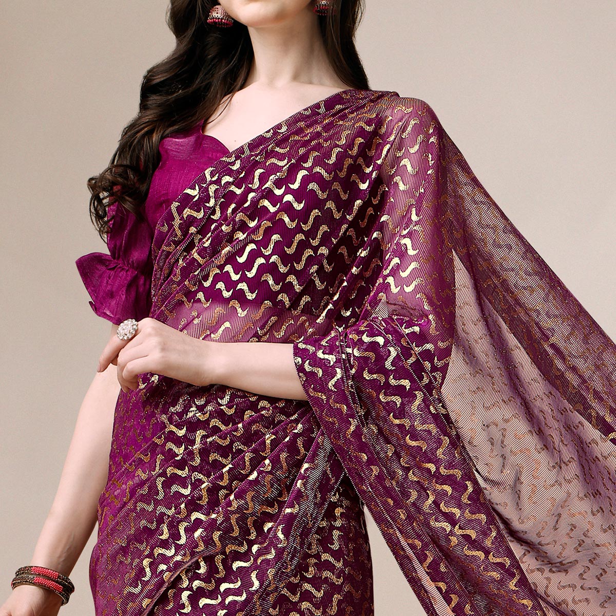 Wine Foil Printed Rayon Saree