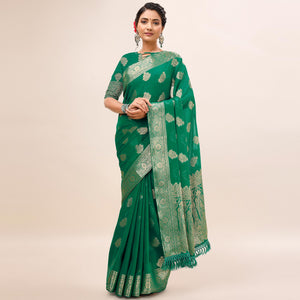 Green Woven Chiffon Saree With Tassels
