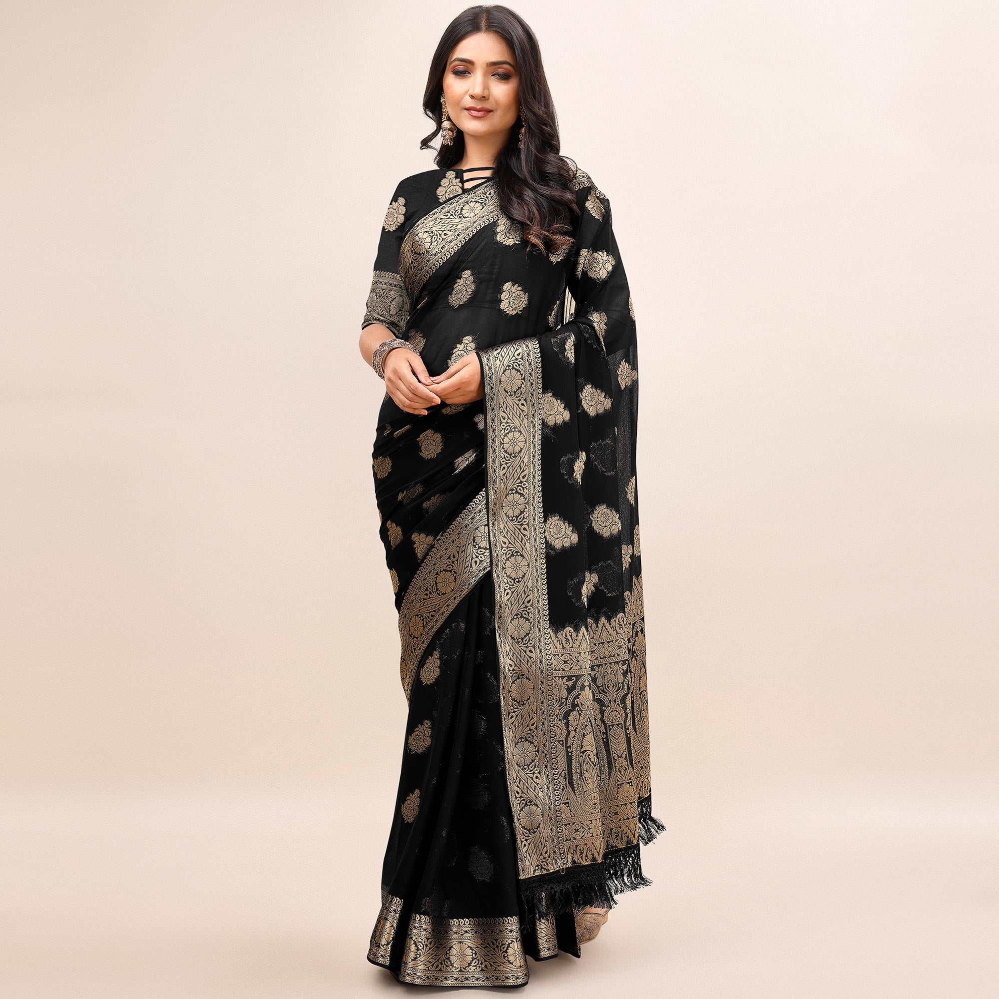 Black Woven Chiffon Saree With Tassels