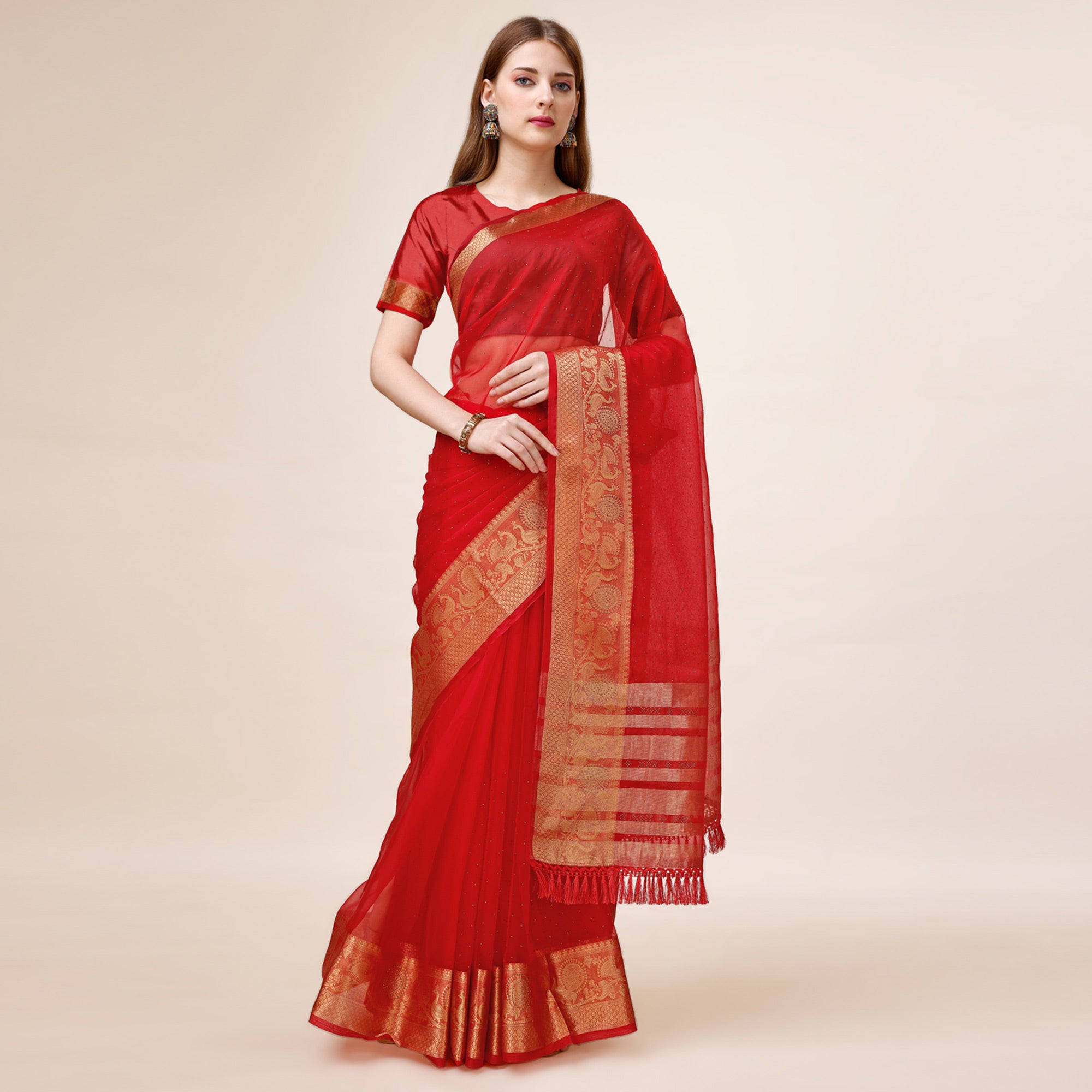 Red Swarovski Work Organza Saree With Tassels