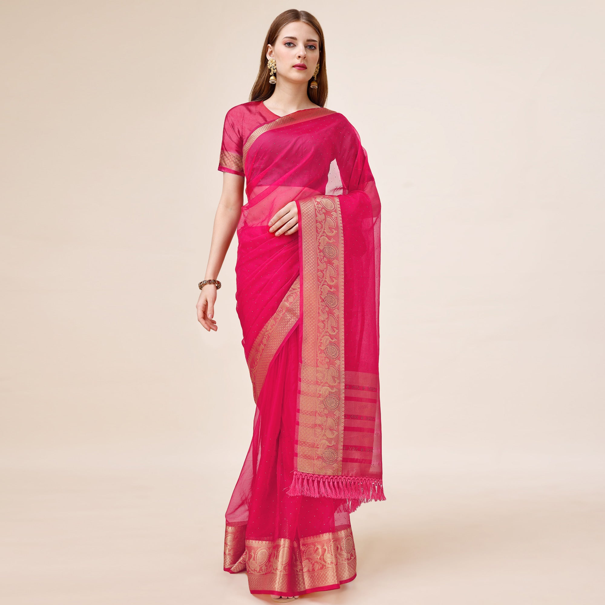 Pink Swarovski Work Organza Saree With Tassels