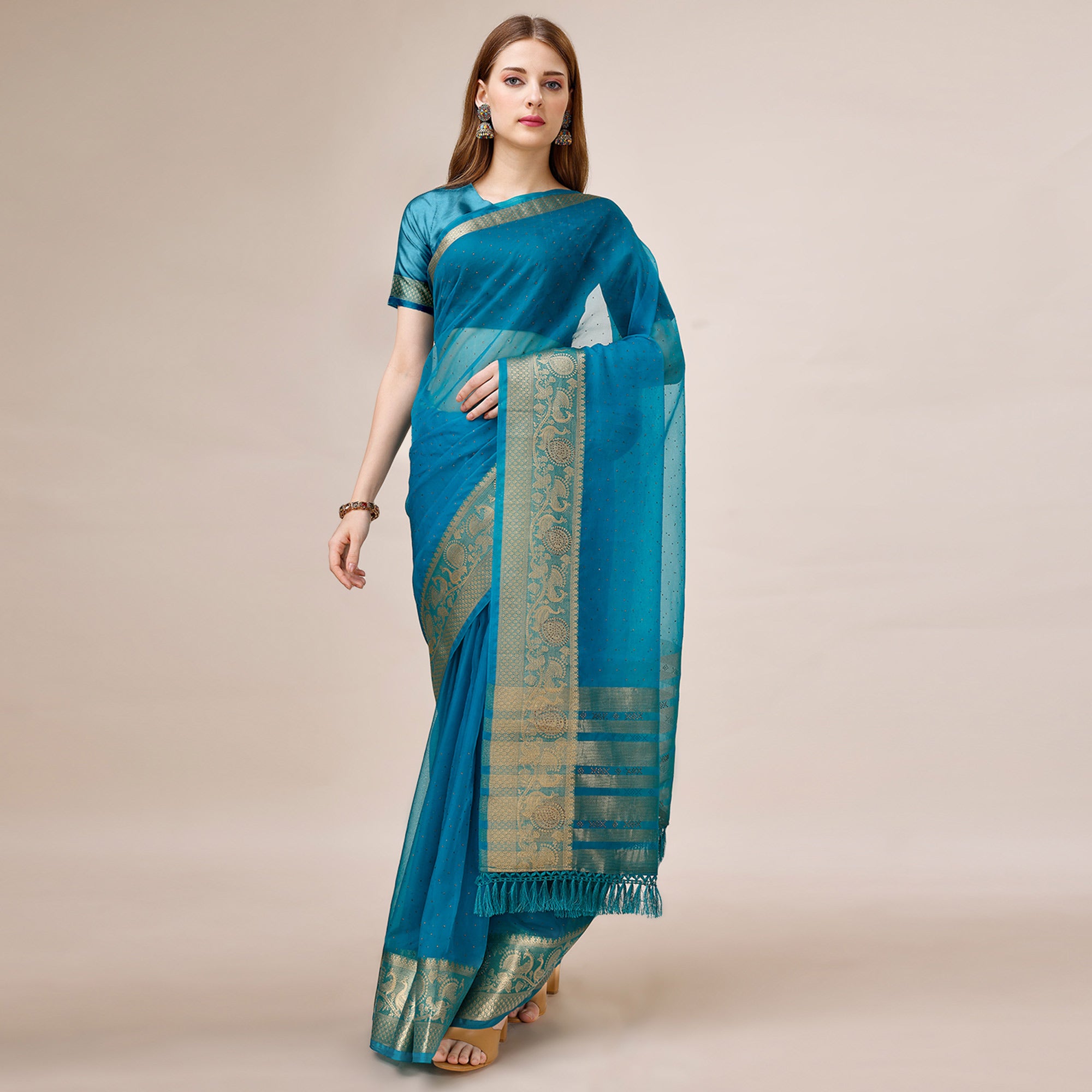 Blue Swarovski Work Organza Saree With Tassels