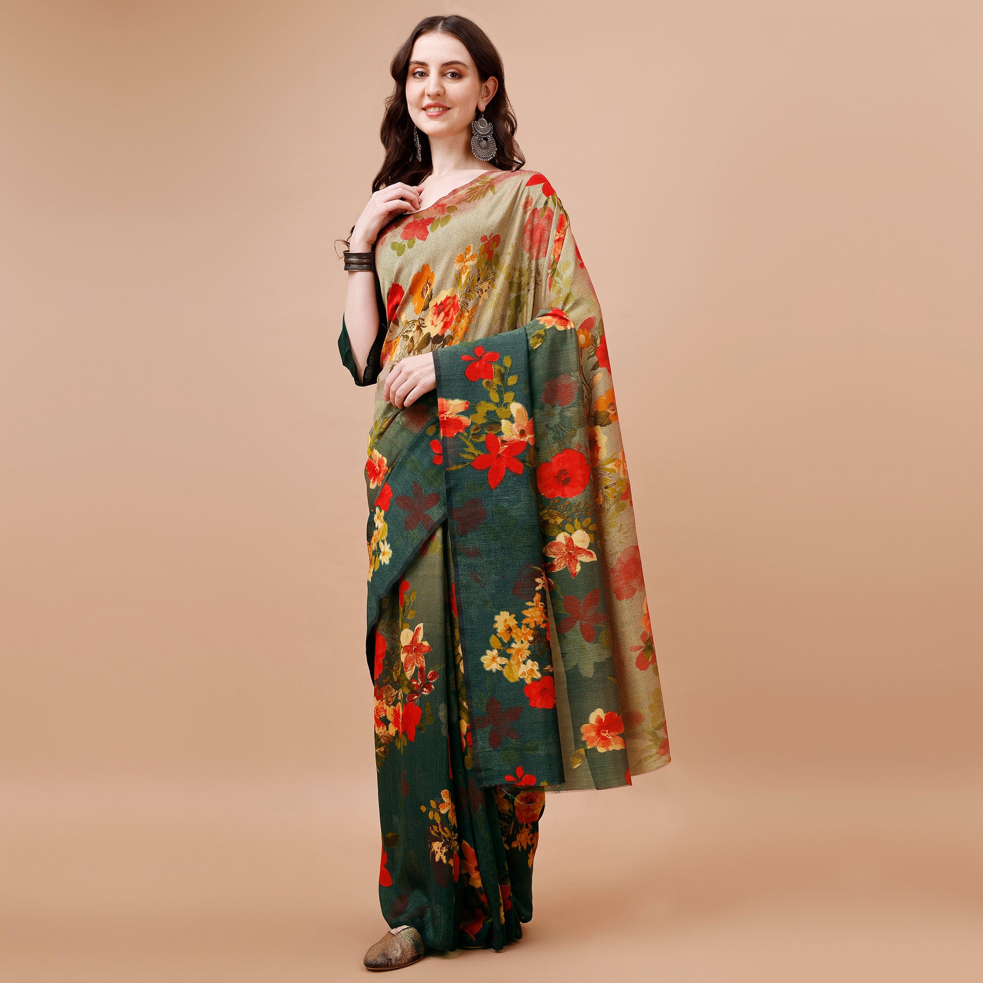 Green & Brown  Floral Printed Vichitra Silk Saree