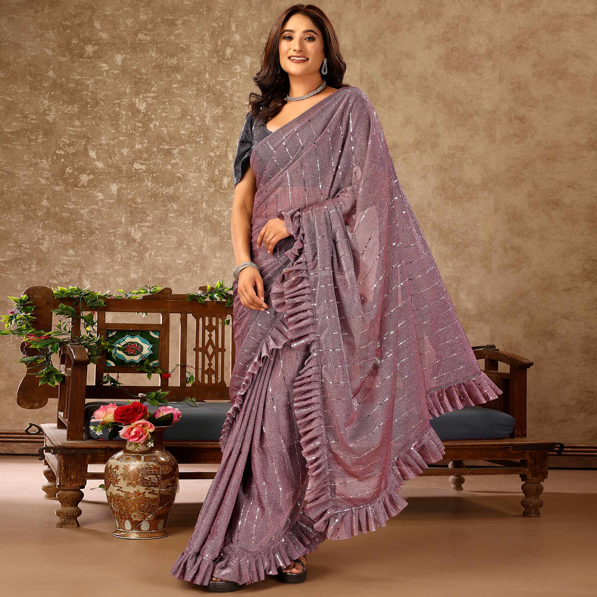 Purple Tikki Work Lycra Ready To Wear Ruffle Saree