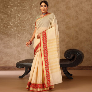 Beige Zari Woven Cotton Silk Saree