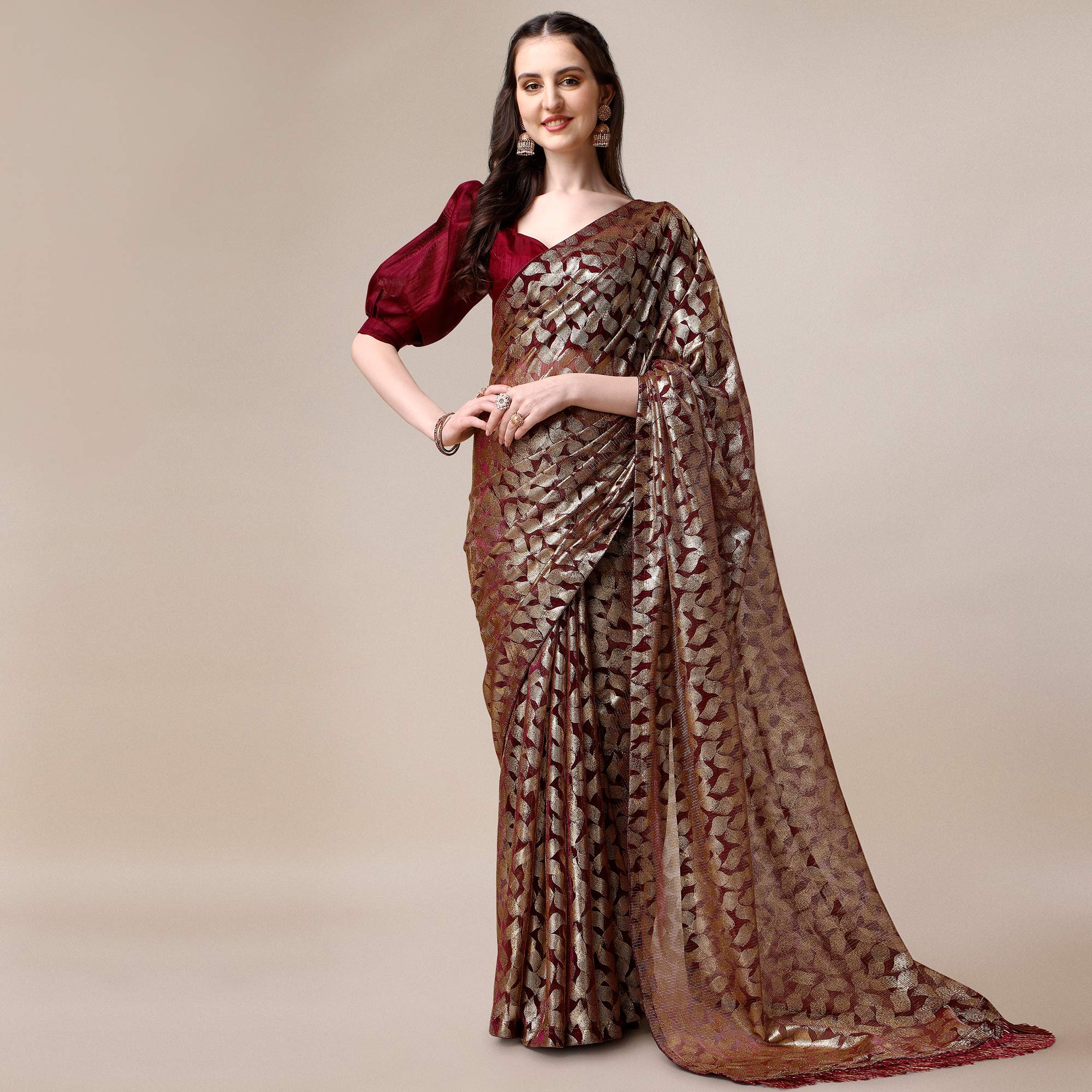 Wine & Gold Foil Printed Rayon Saree