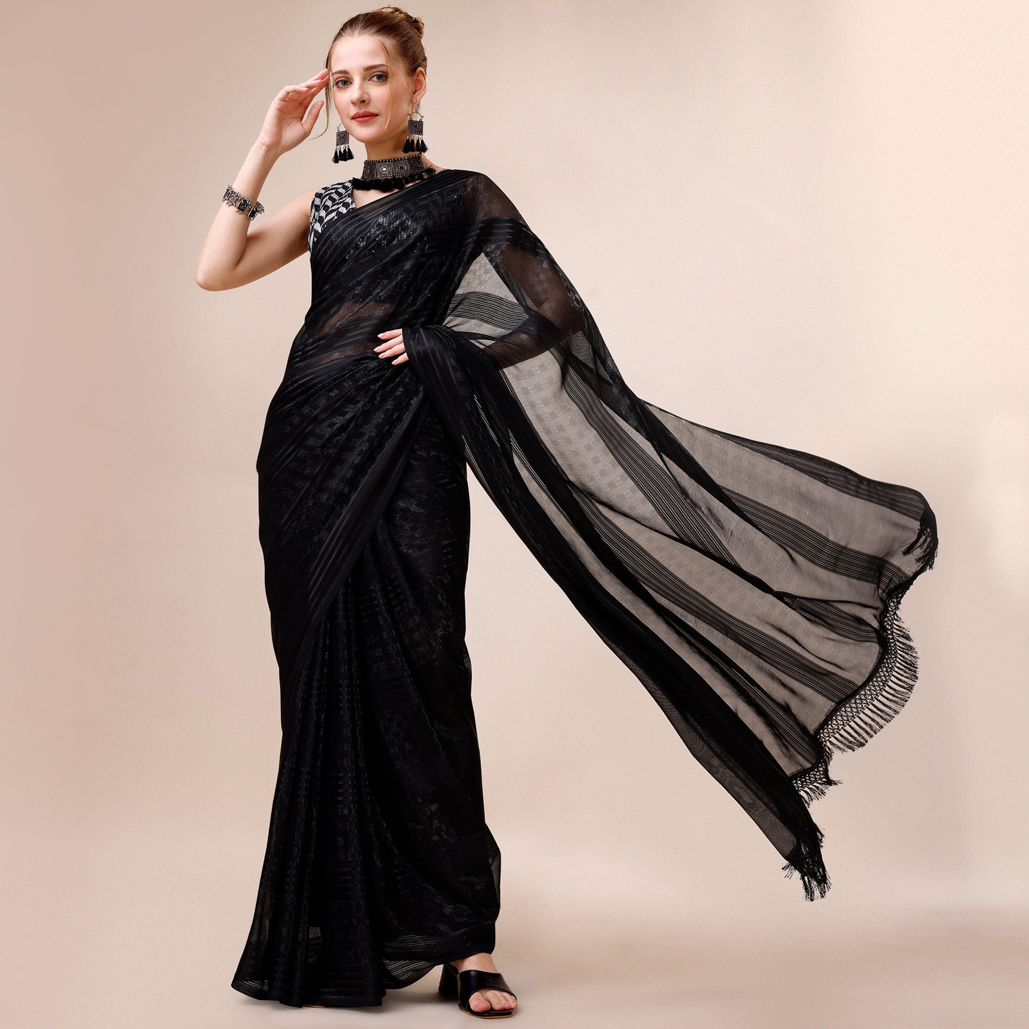 Black Striped Woven Chiffon Saree