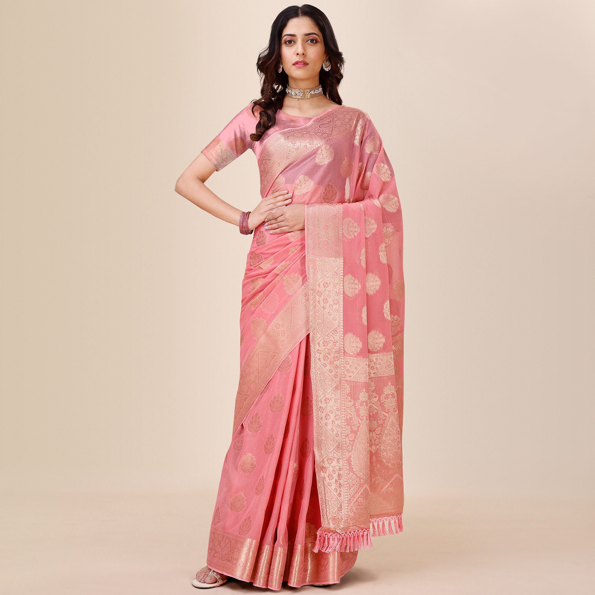 Light Pink Woven Chiffon Saree