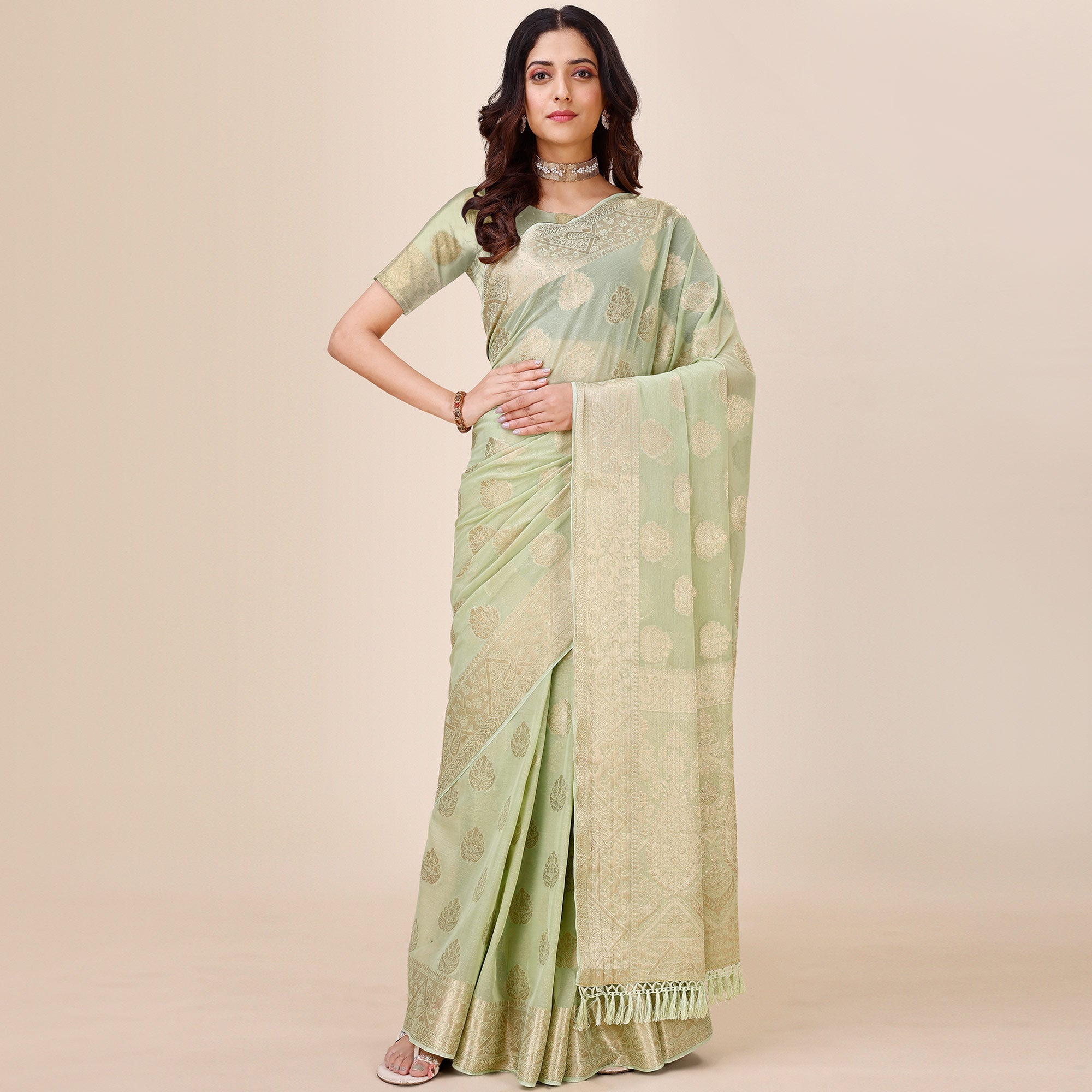 Light Green Woven Chiffon Saree