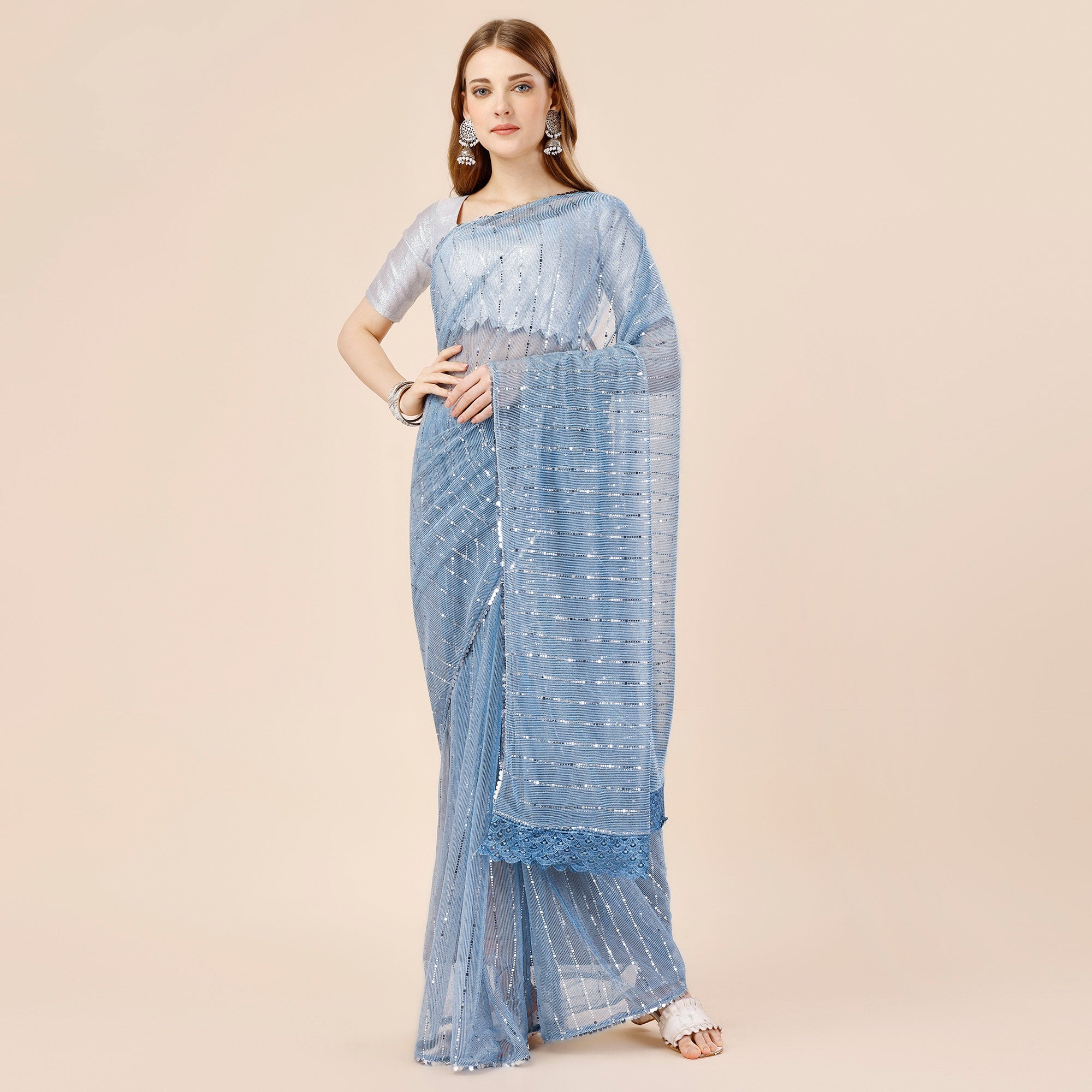 Blue Tikki Work Lycra Saree With Embroidered Border