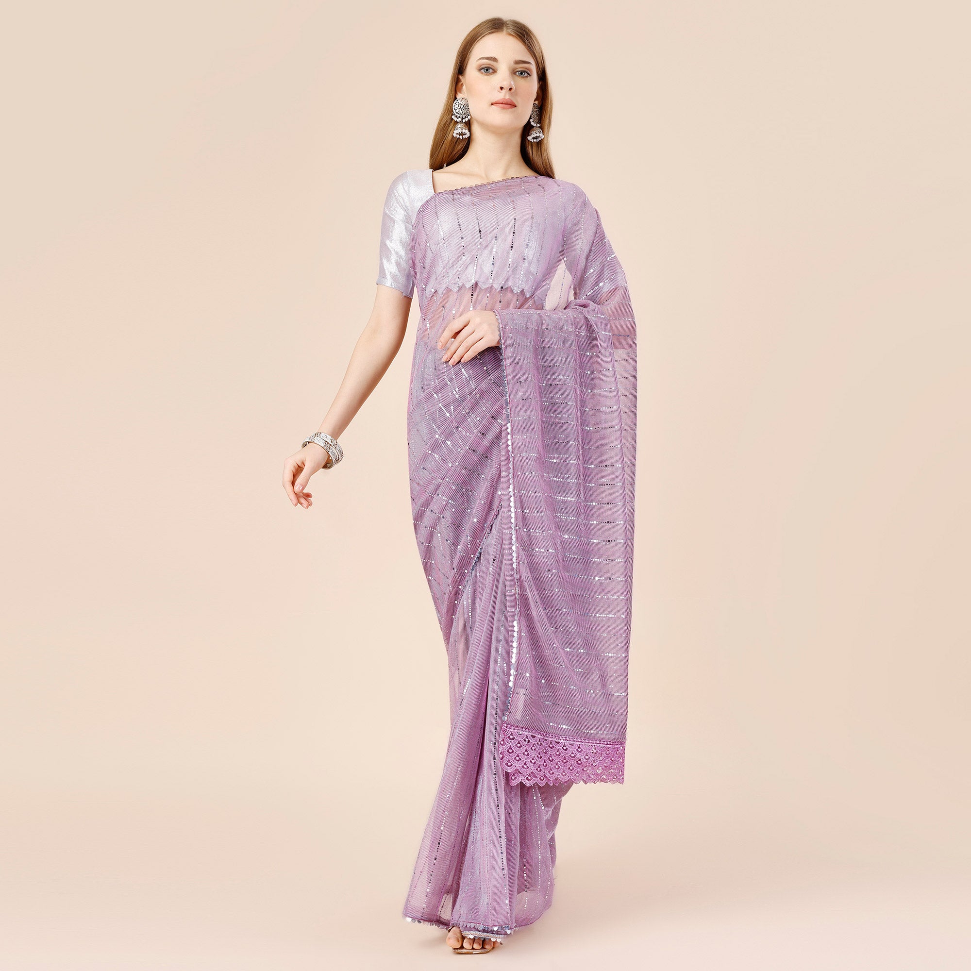 Lavender Tikki Work Lycra Saree With Embroidered Border