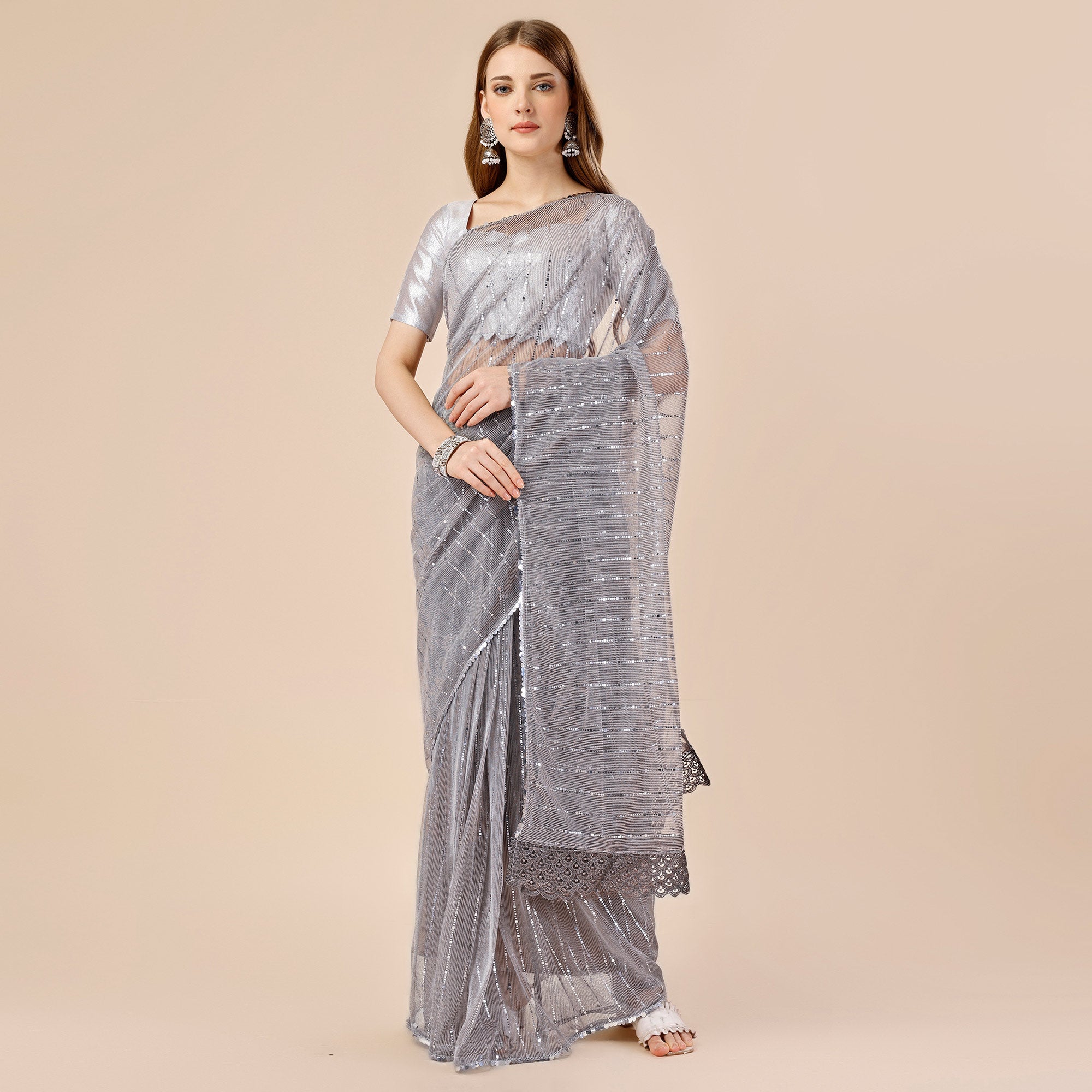 Grey Tikki Work Lycra Saree With Embroidered Border