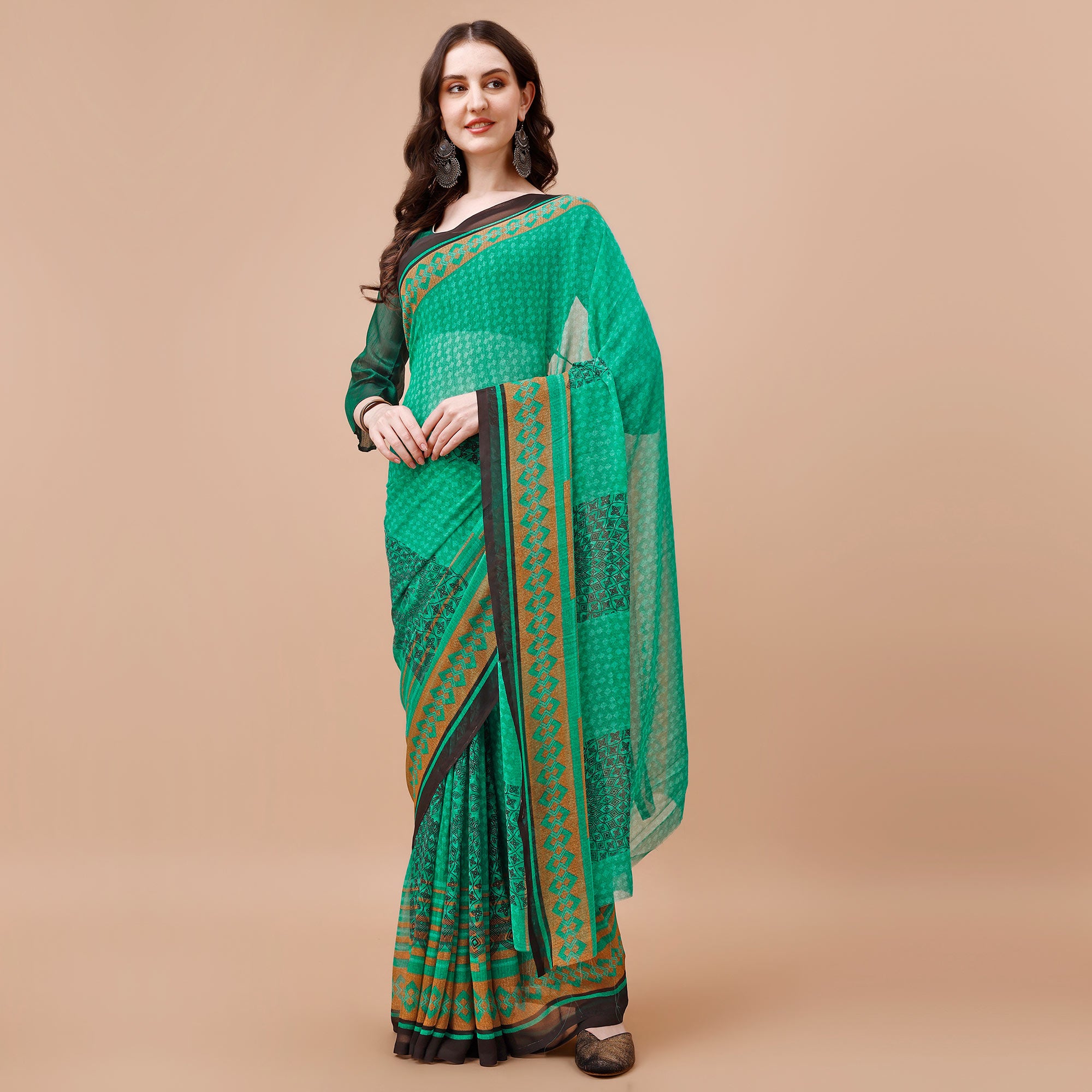 Green Floral Printed Georgette Saree