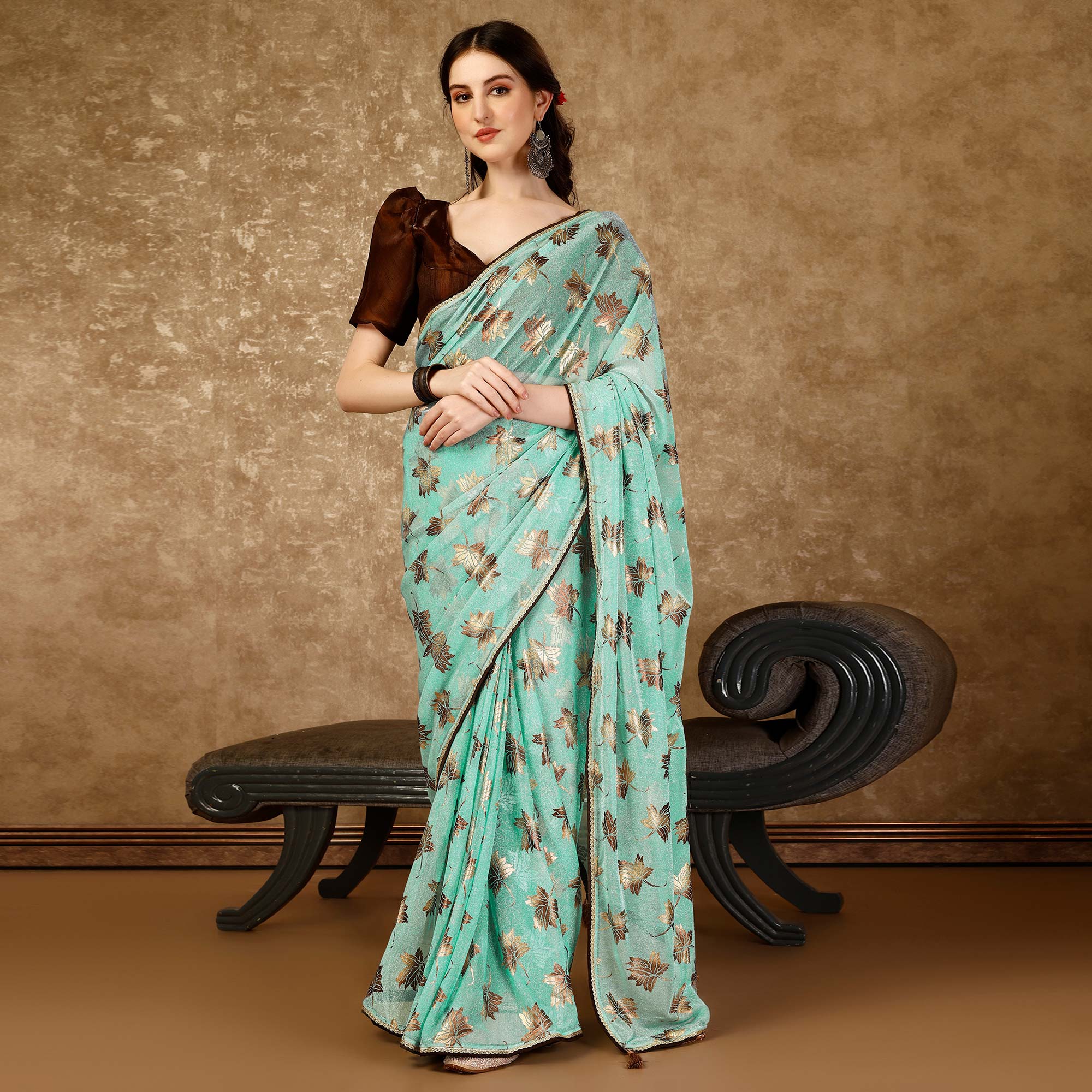 Turquoise Foil Printed Lycra Ready To Wear Saree