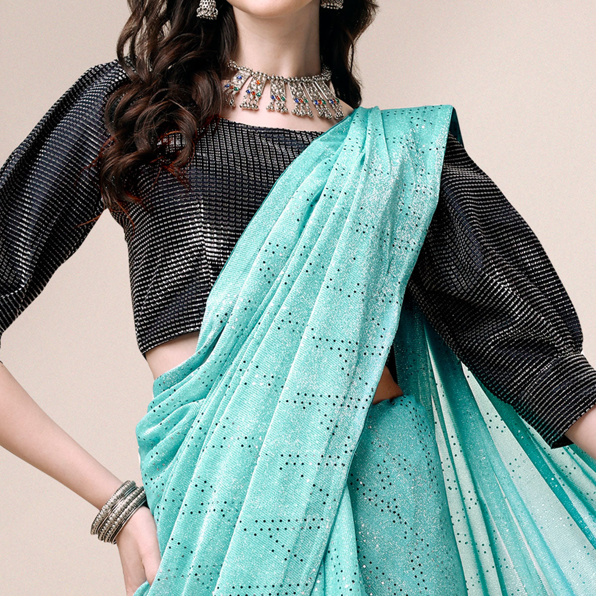 Turquoise Foil Printed Raw Silk Saree