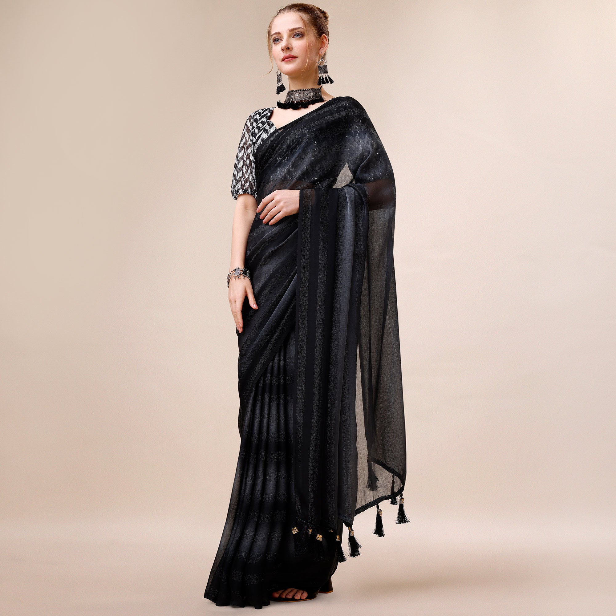 Black Striped Woven Chiffon Saree