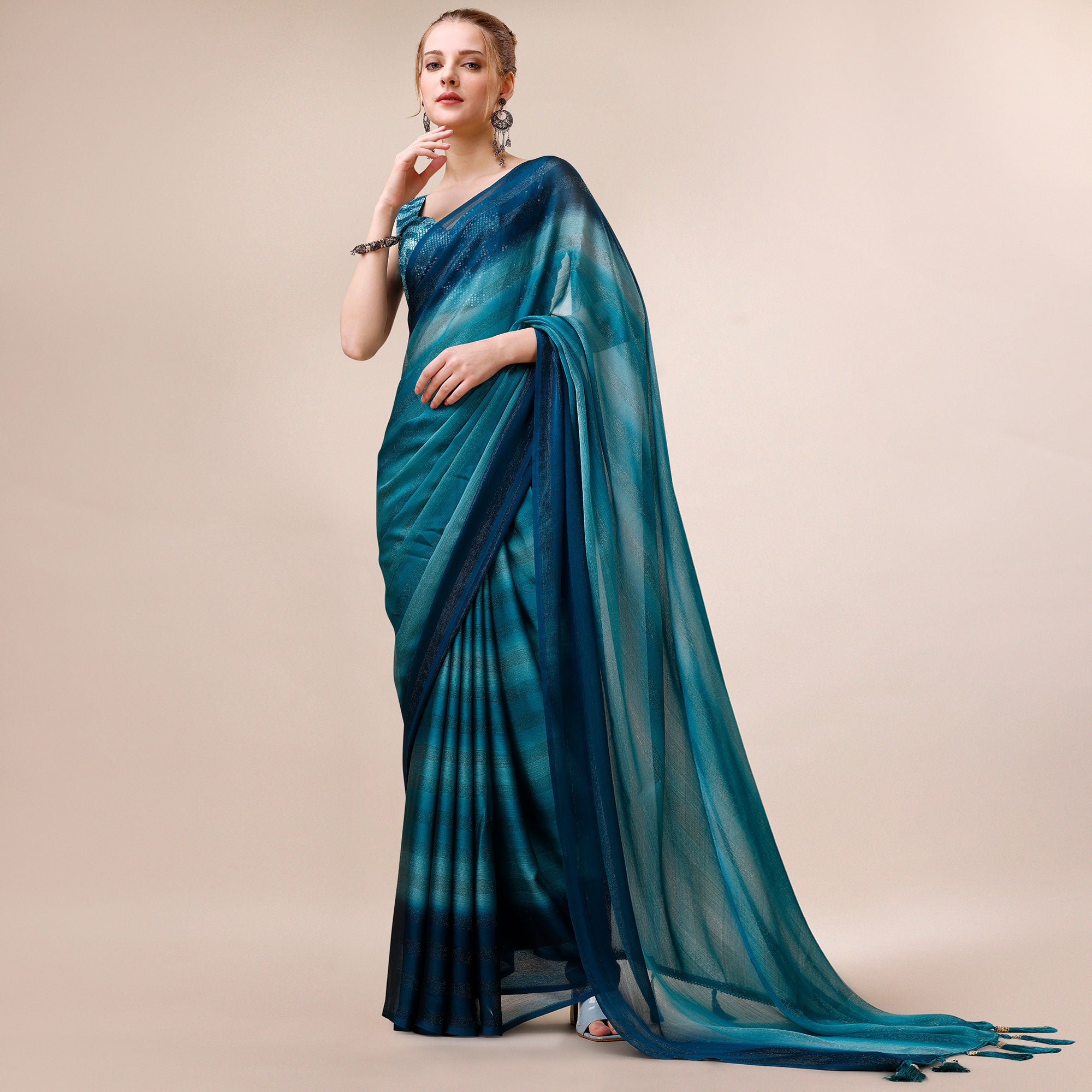 Teal Blue Striped Woven Chiffon Saree