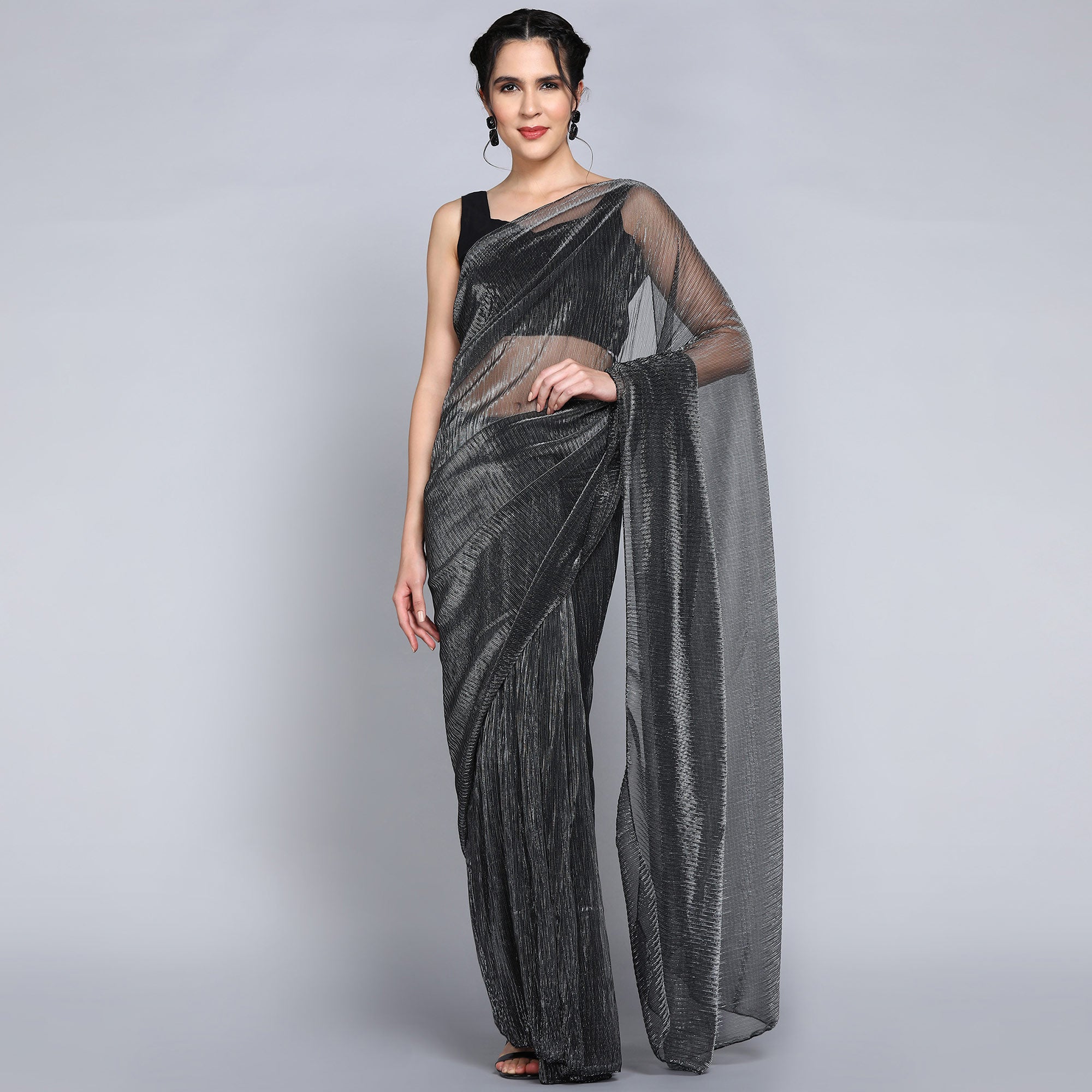 Black Solid Lycra Crush Saree