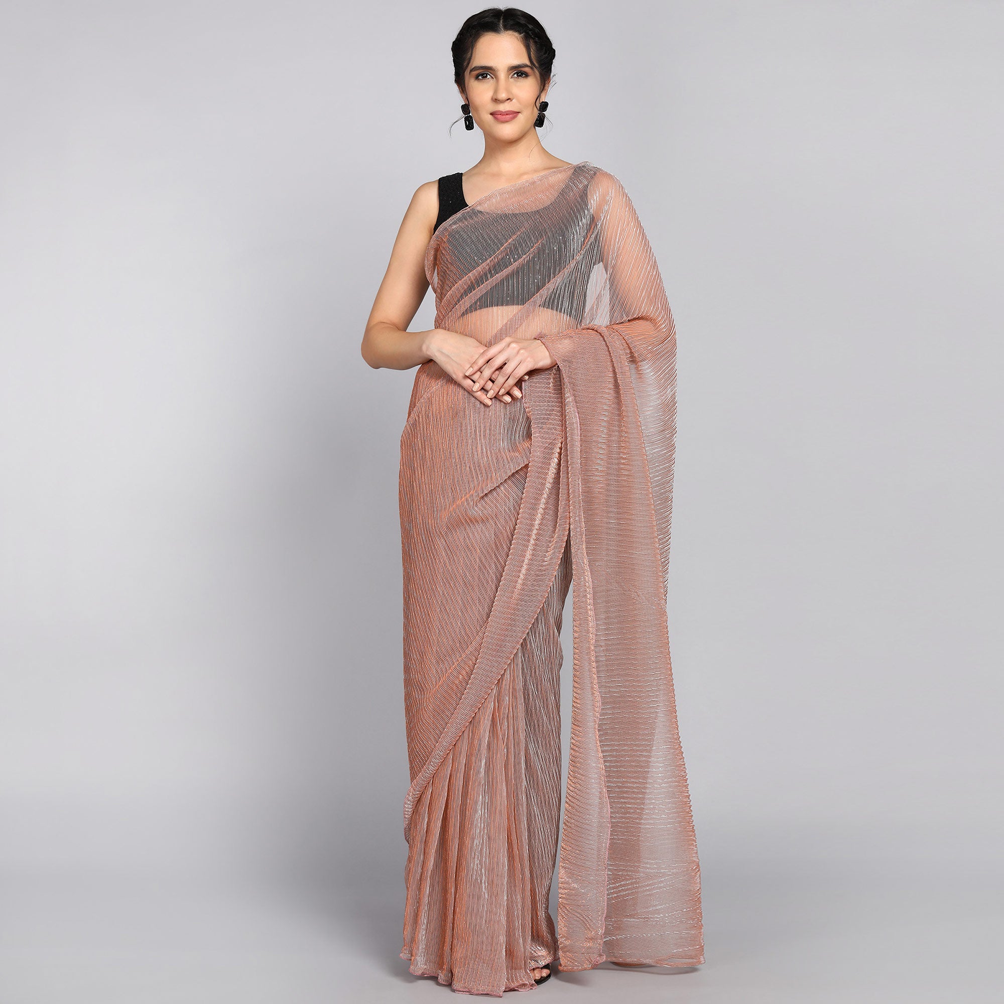 Peach Solid Lycra Crush Saree