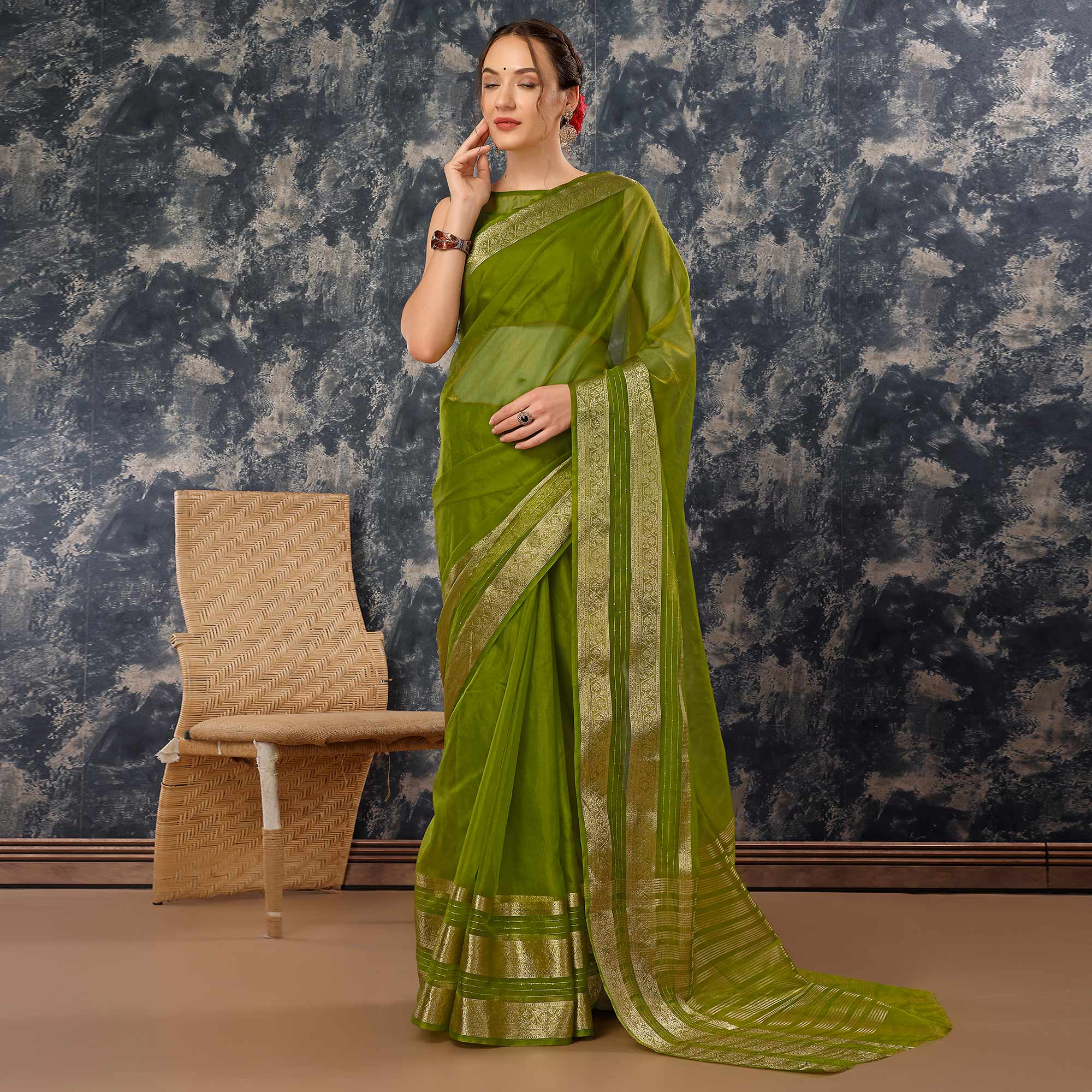 Mehendi Green Floral Zari Woven Organza Saree