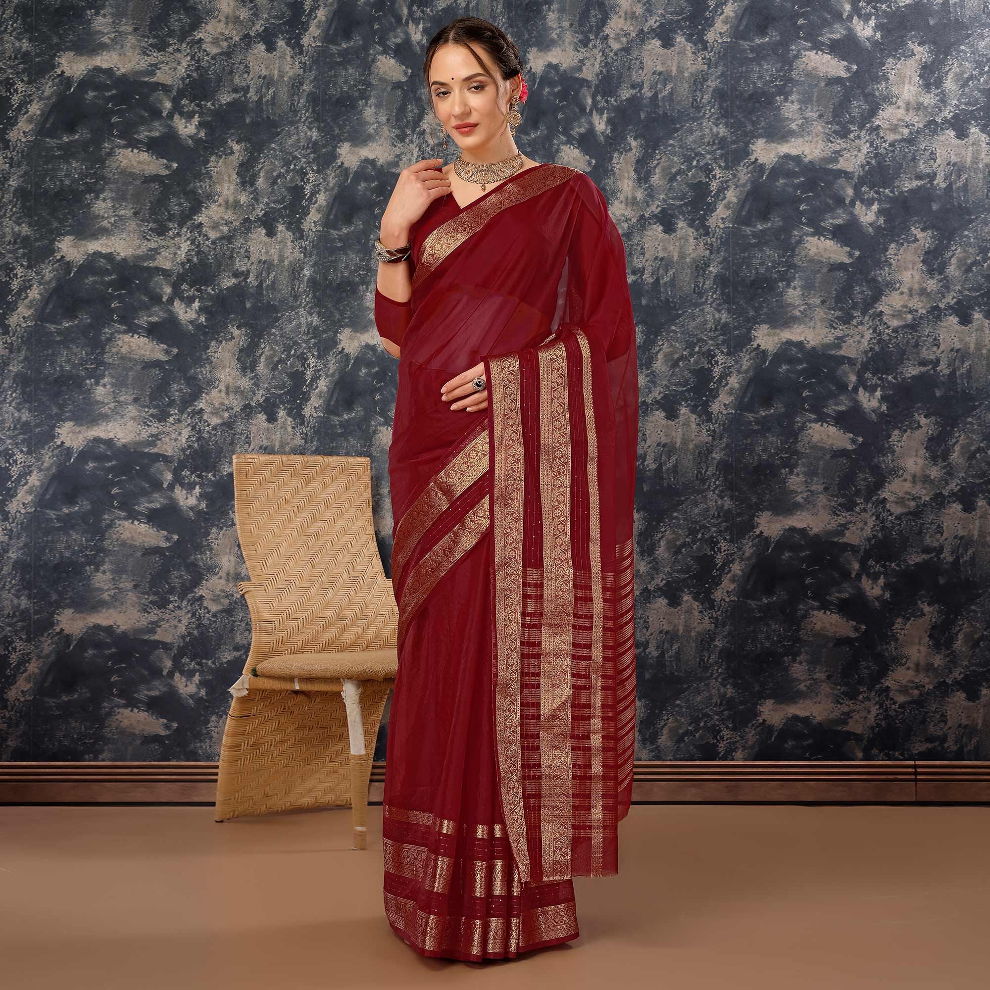 Maroon Floral Zari Woven Organza Saree