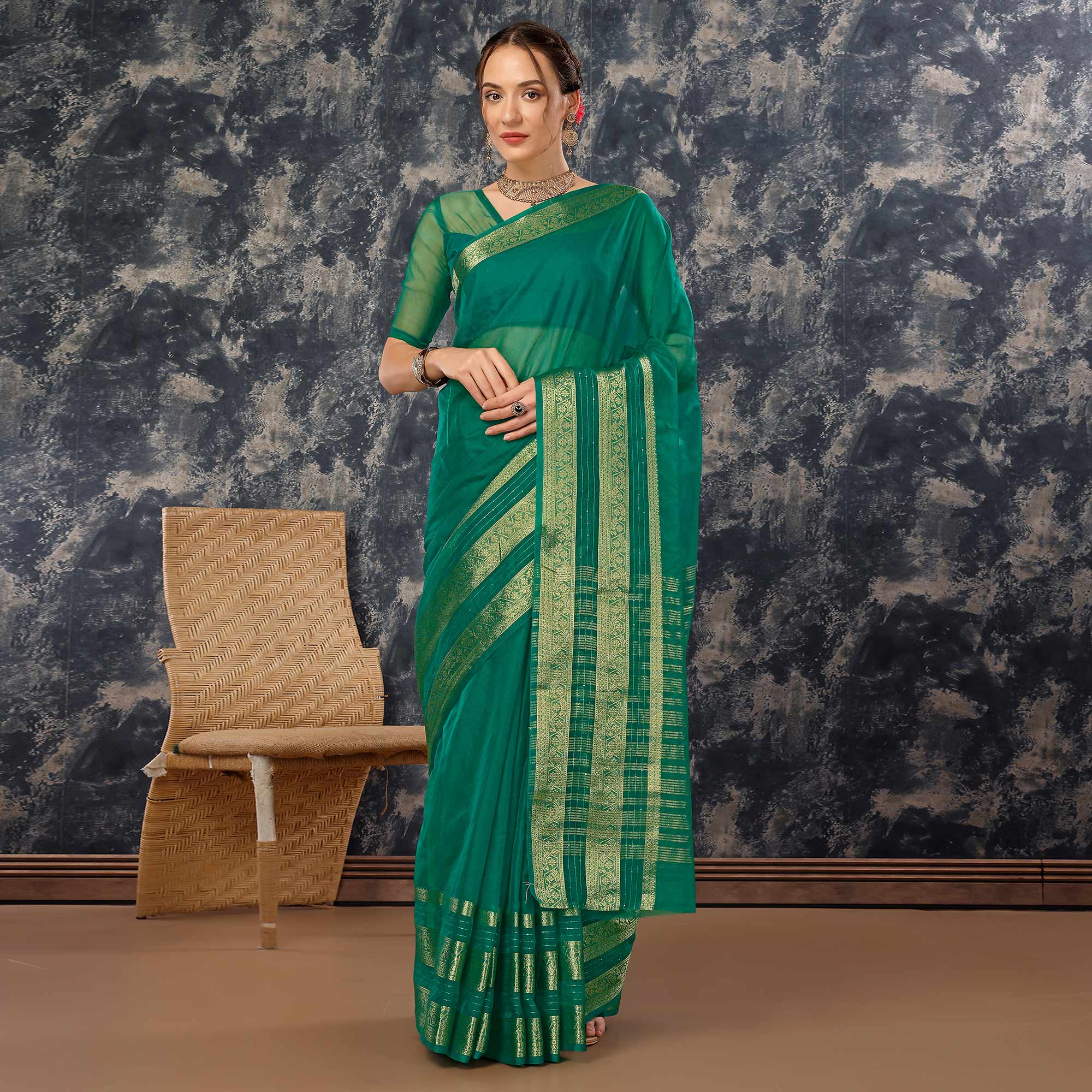 Green Floral Zari Woven Organza Saree