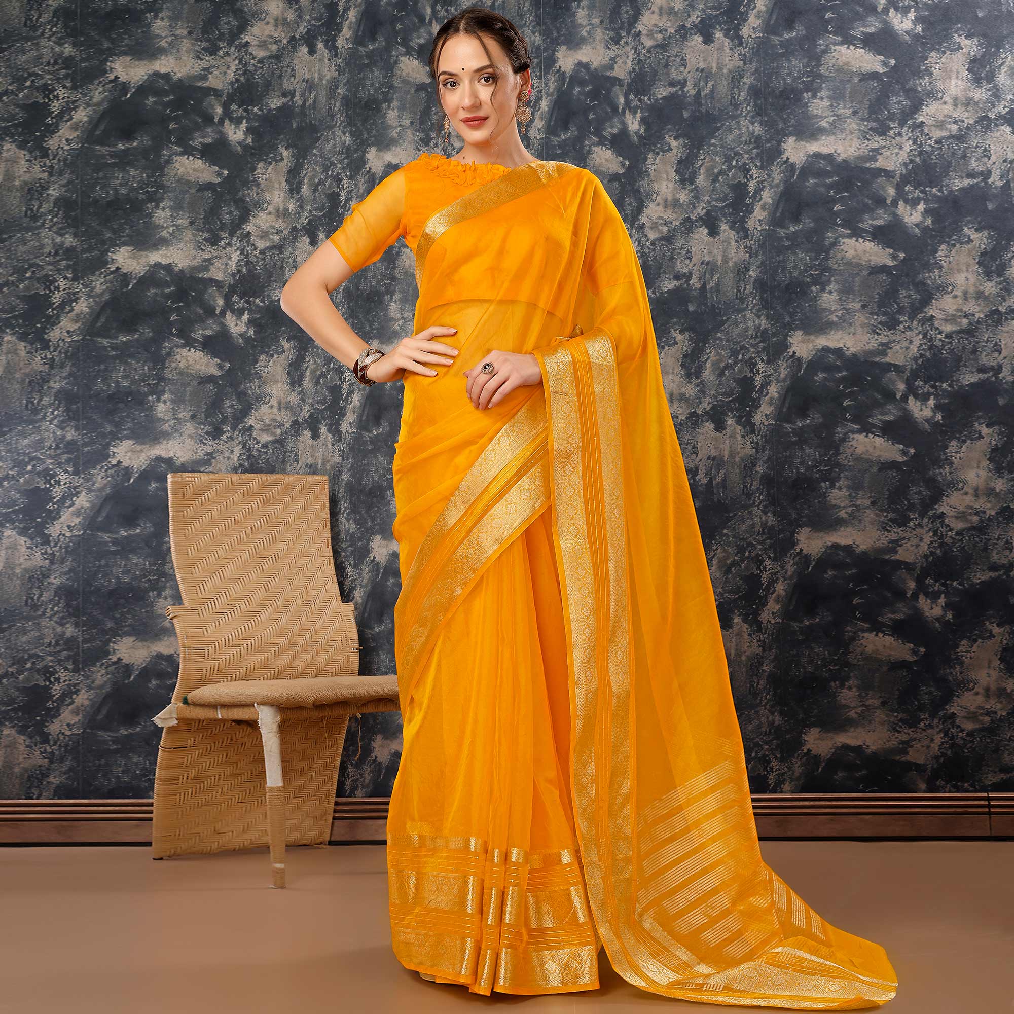 Yellow Floral Zari Woven Organza Saree