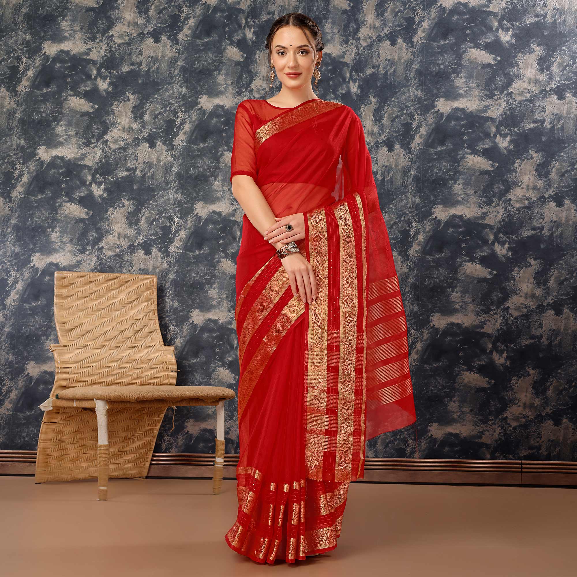 Red Floral Zari Woven Organza Saree