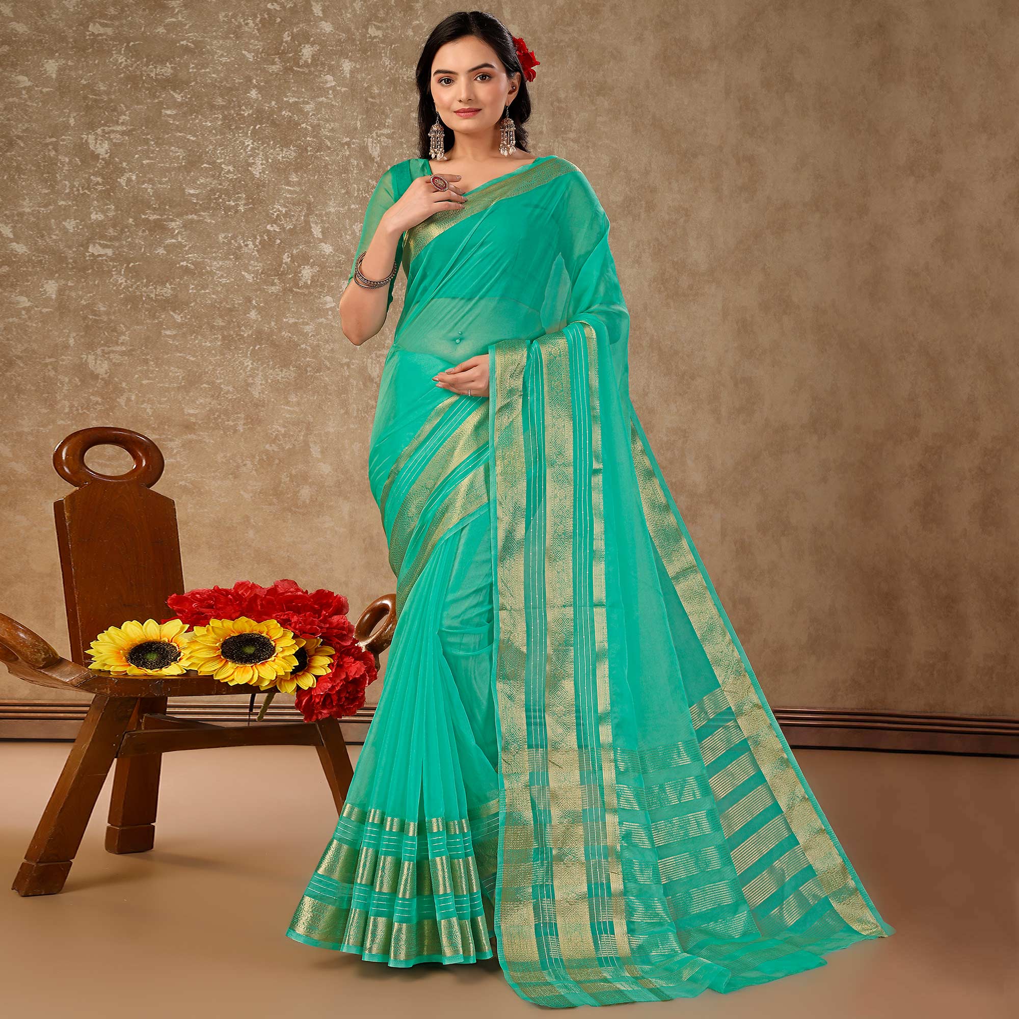 Rama Green Floral Zari Woven Organza Saree