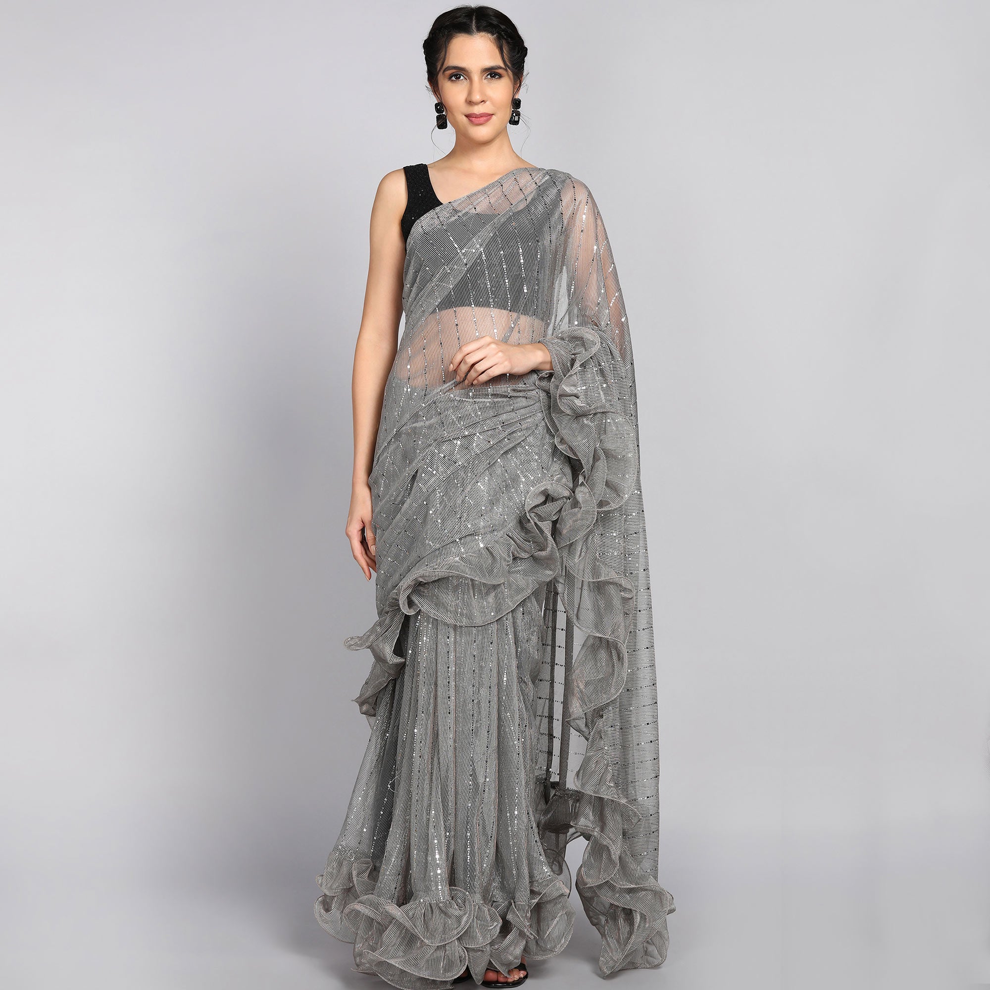 Grey Tikki Work Lycra Ruffle Saree