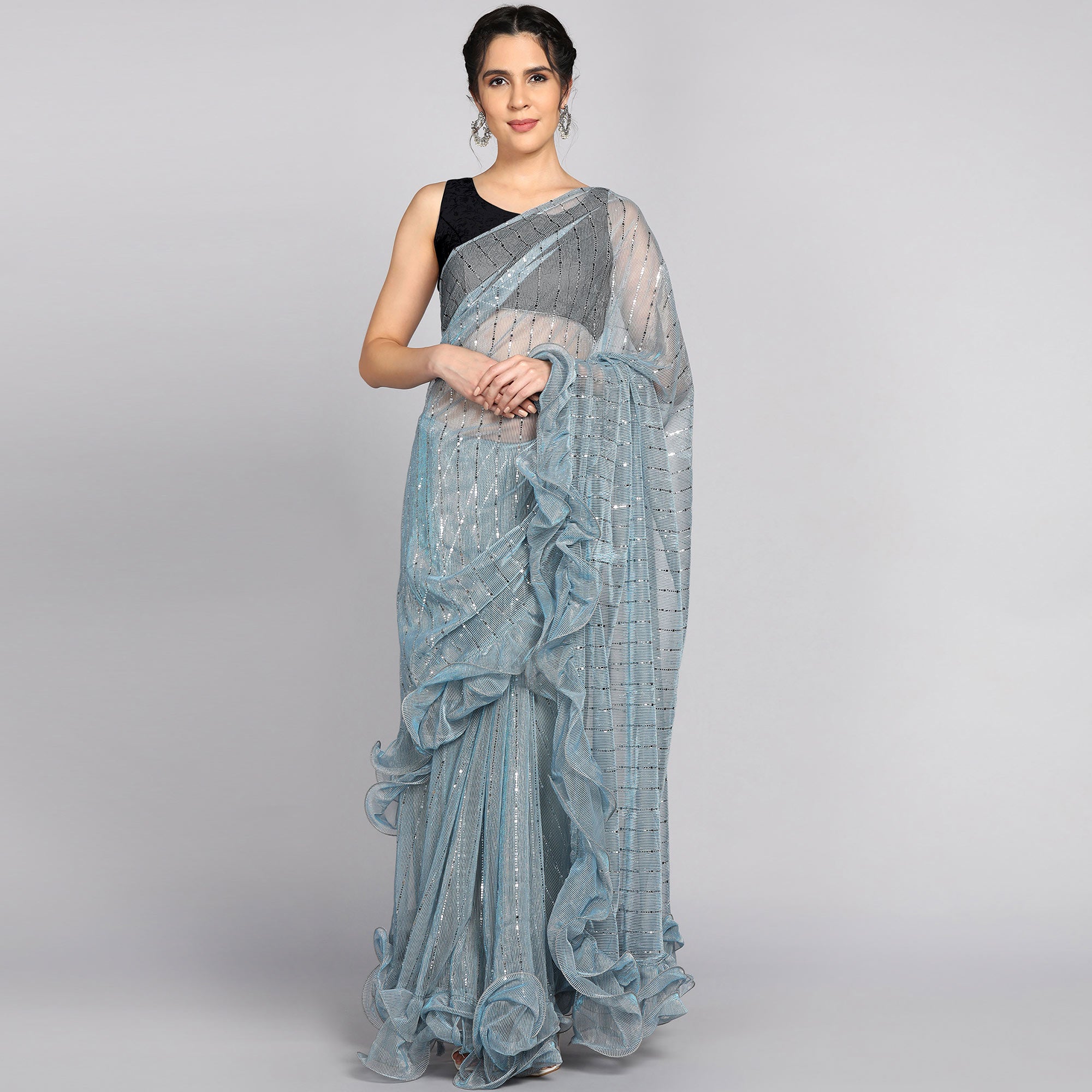 Sky Blue Tikki Work Lycra Ruffle Saree