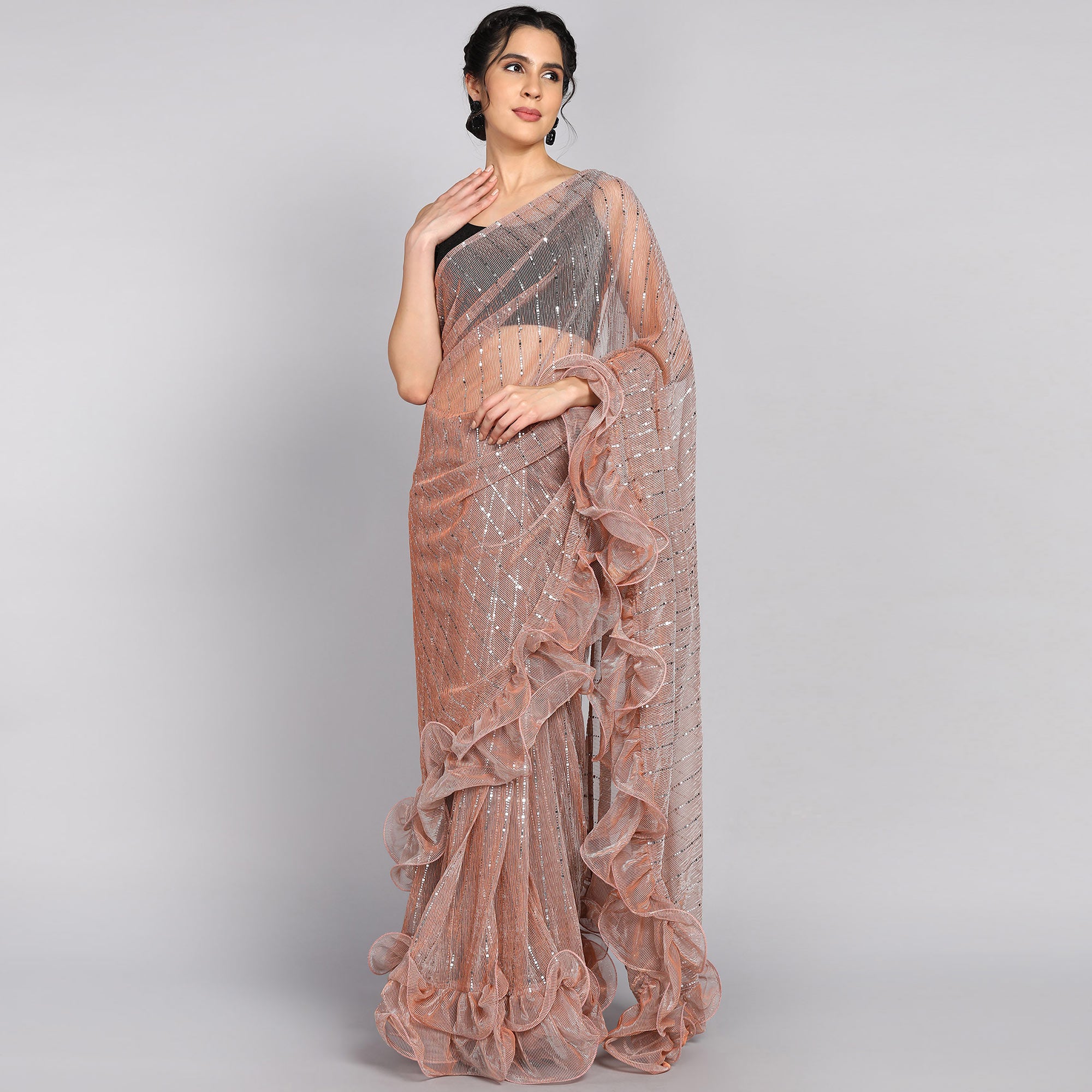 Peach Tikki Work Lycra Ruffle Saree