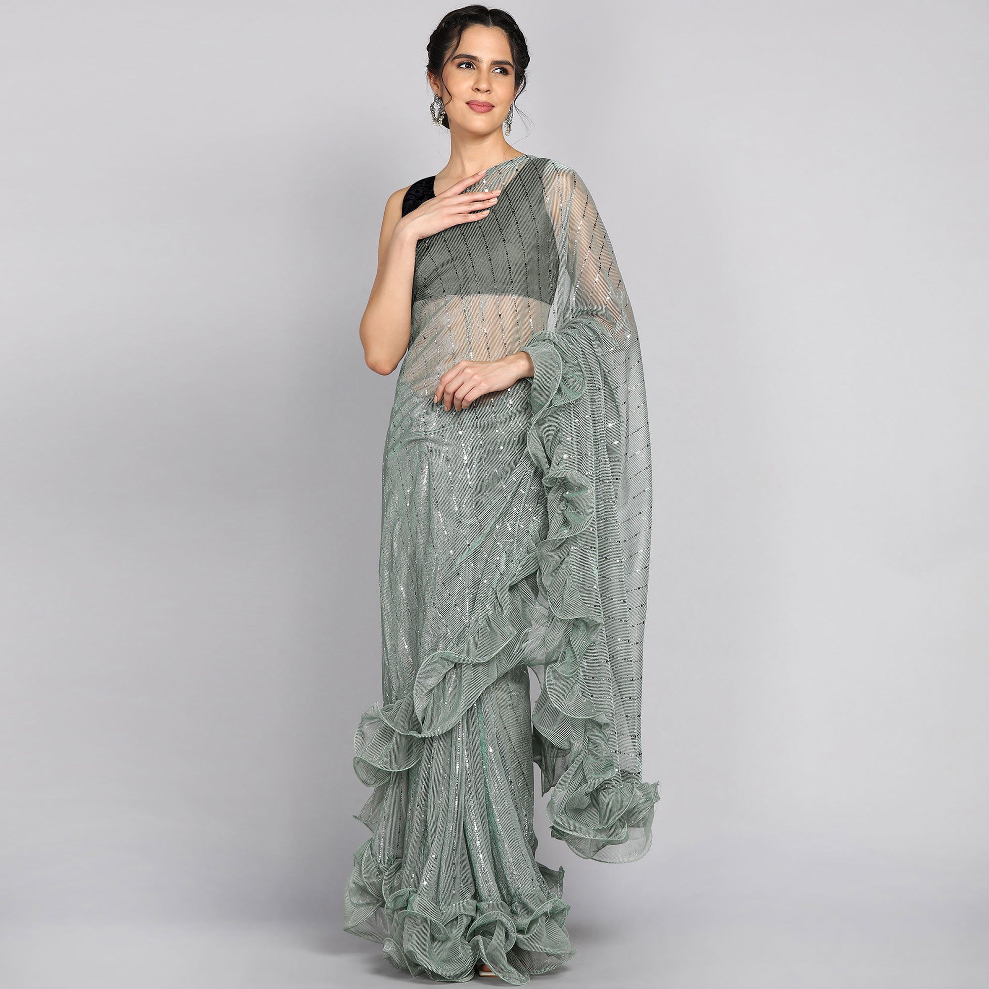 Pista Green Tikki Work Lycra Ruffle Saree