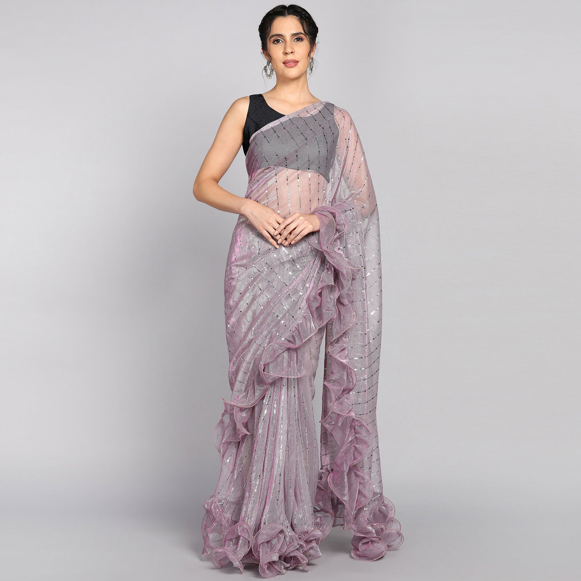 Light Mauve Tikki Work Lycra Ruffle Saree