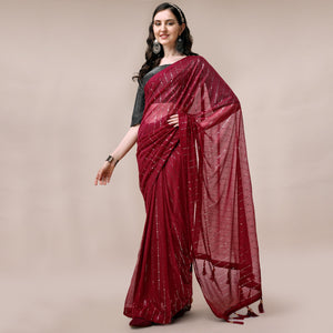 Maroon Striped Foil Printed Rayon Saree