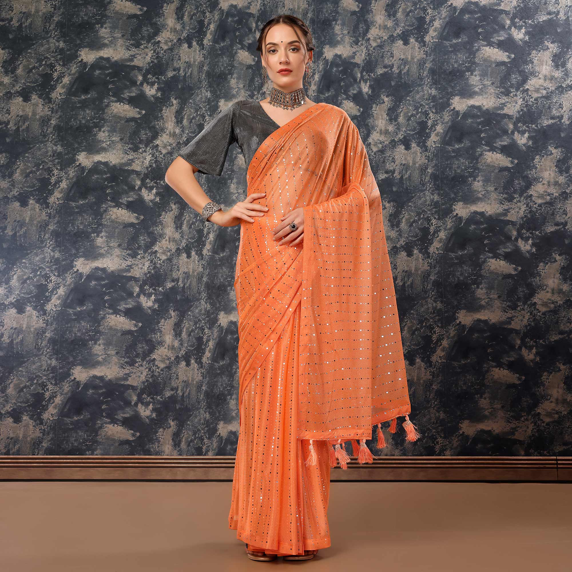 Orange Tikali Work Lycra Saree With Tassels