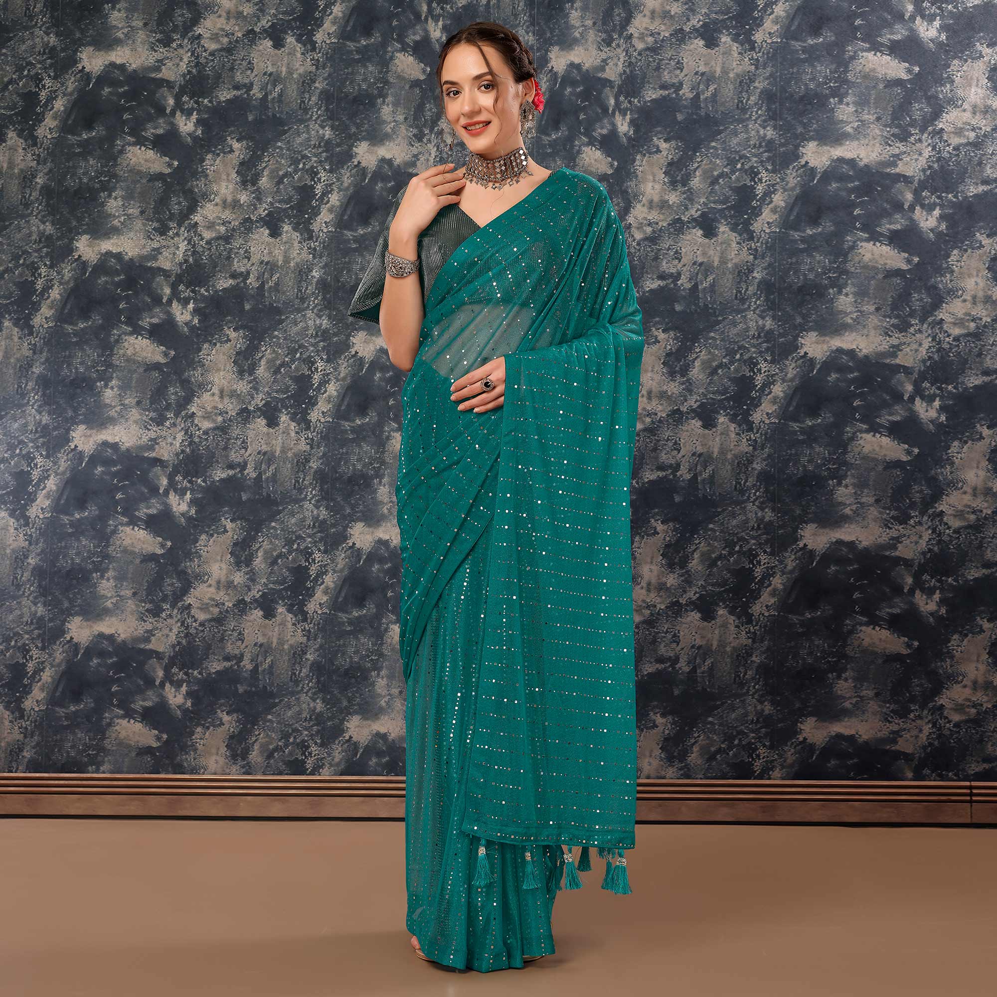 Teal Tikali Work Lycra Saree With Tassels