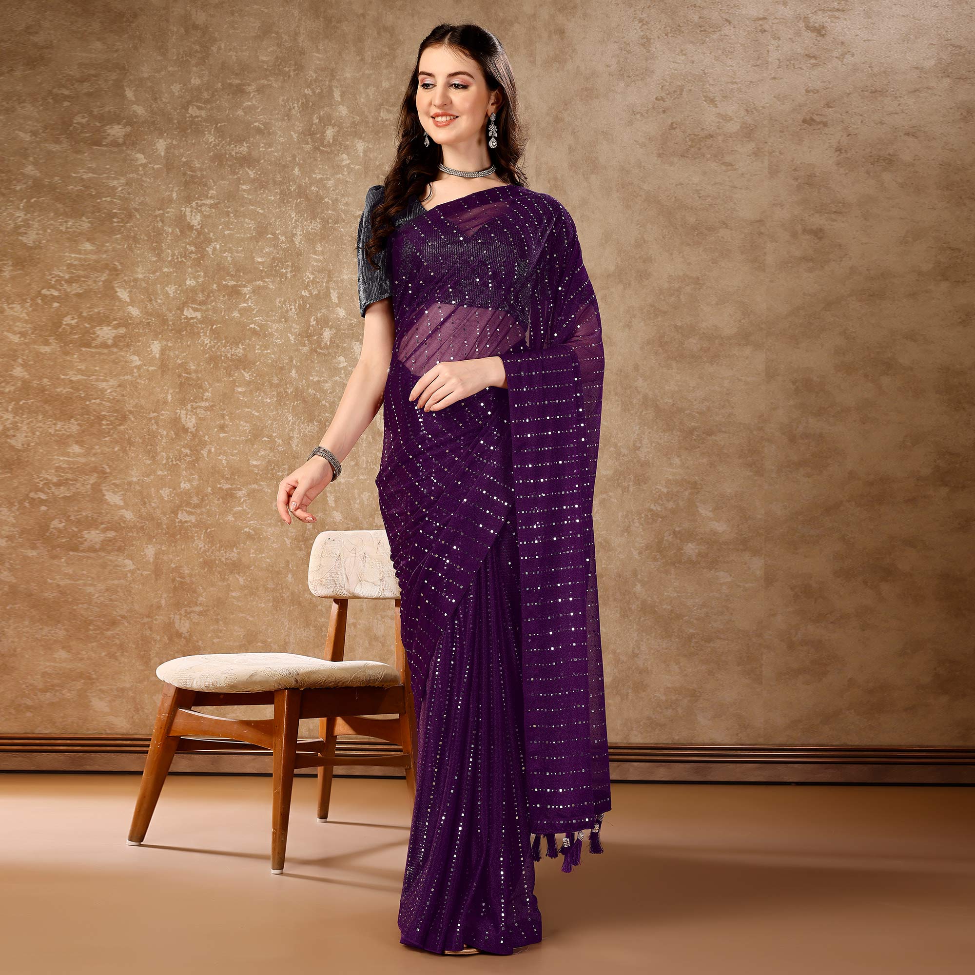 Purple Tikali Work Lycra Saree With Tassels